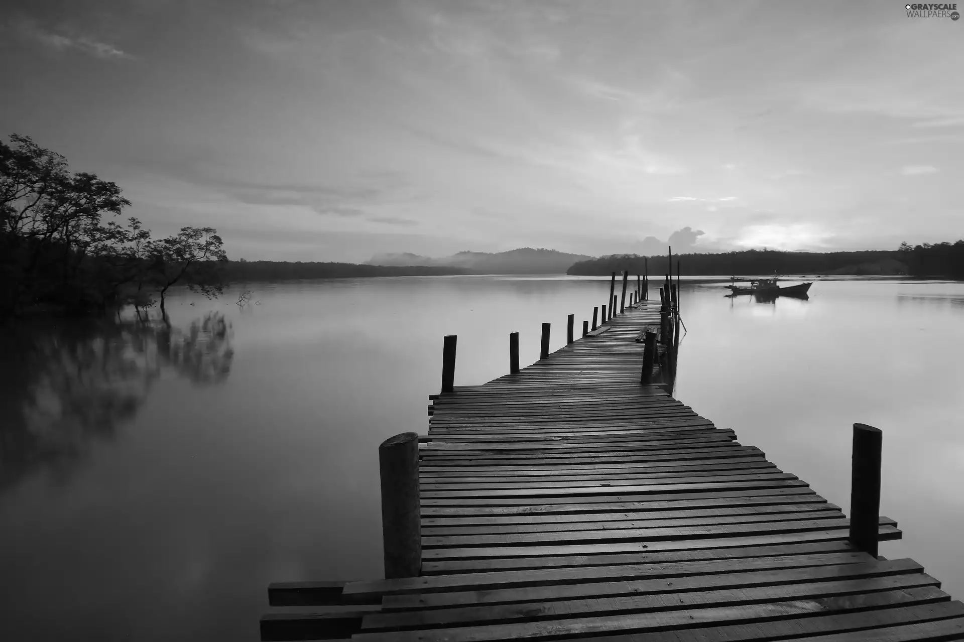 lake, Boat, Great Sunsets, Platform