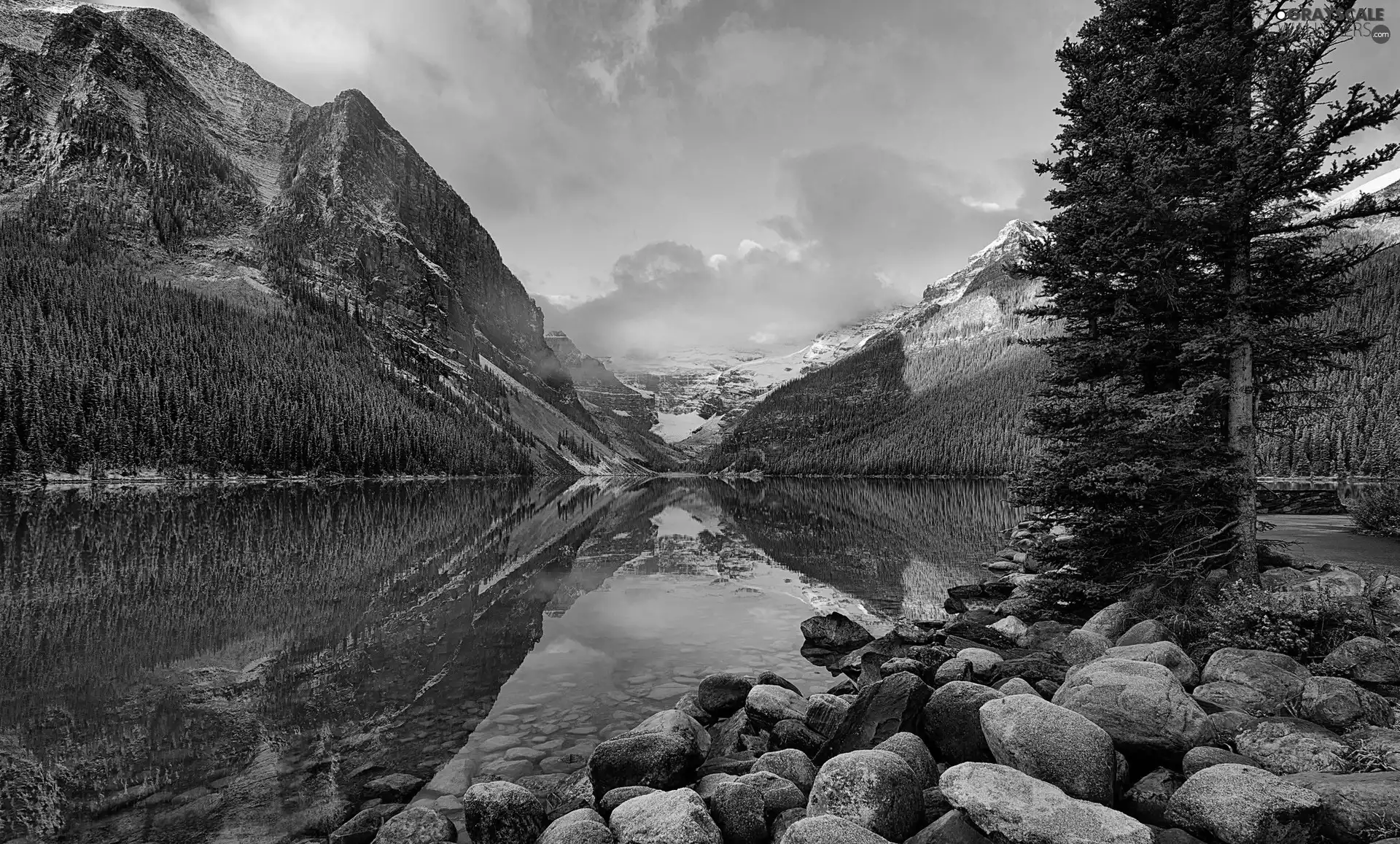 lake, woods, Great Sunsets, Mountains