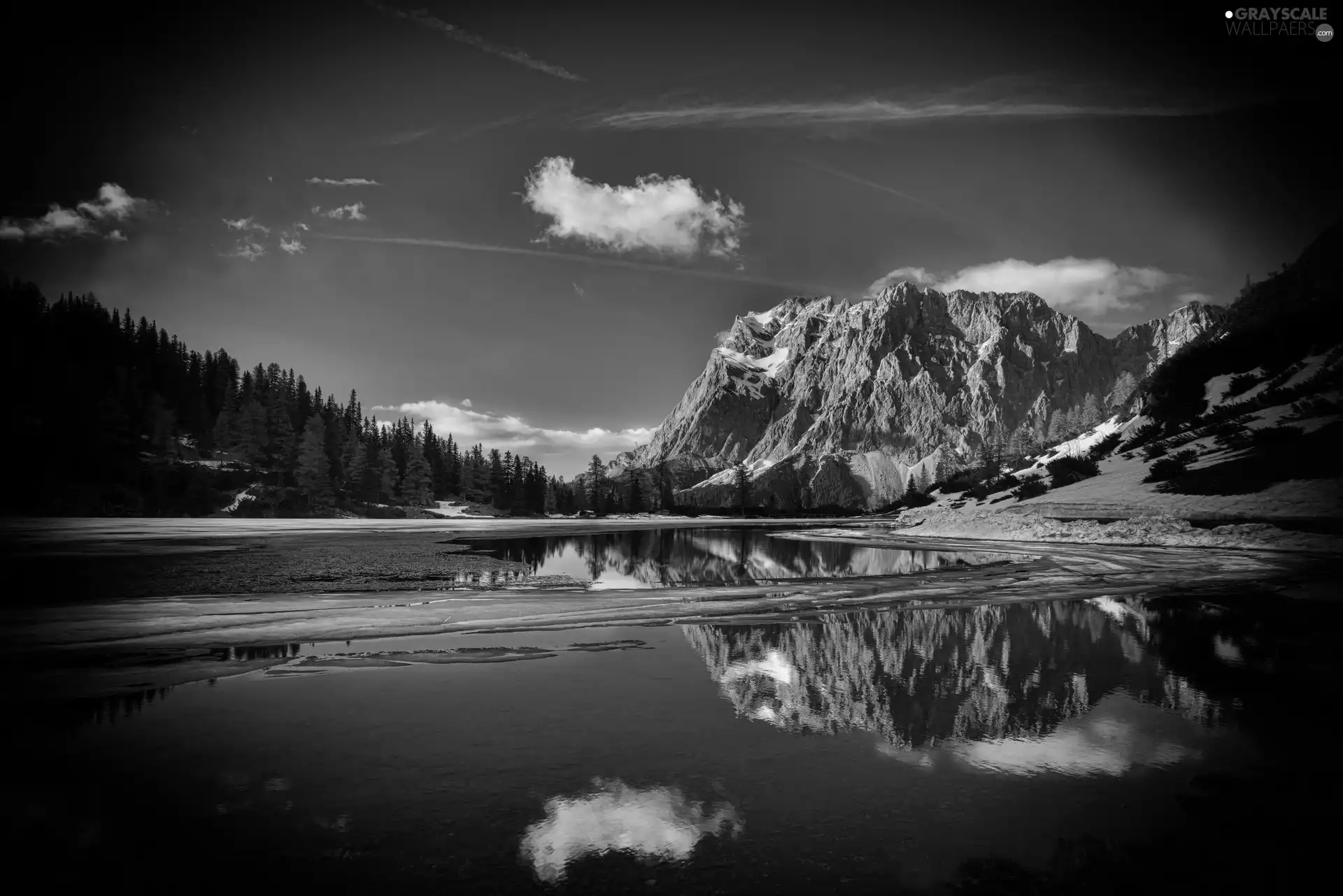 lake, woods, Great Sunsets, Mountains