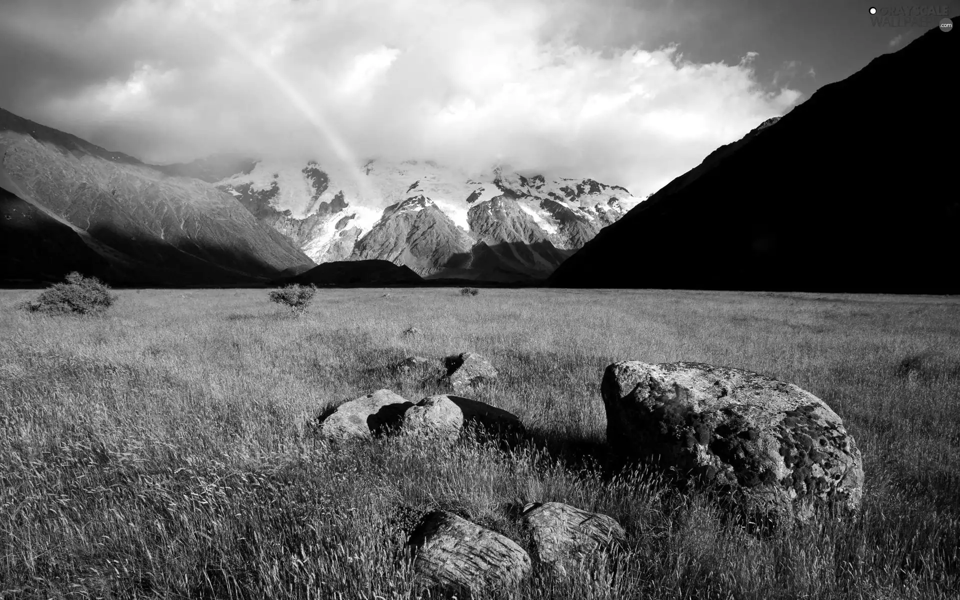 Meadow, Mountains, Great Rainbows, Stones