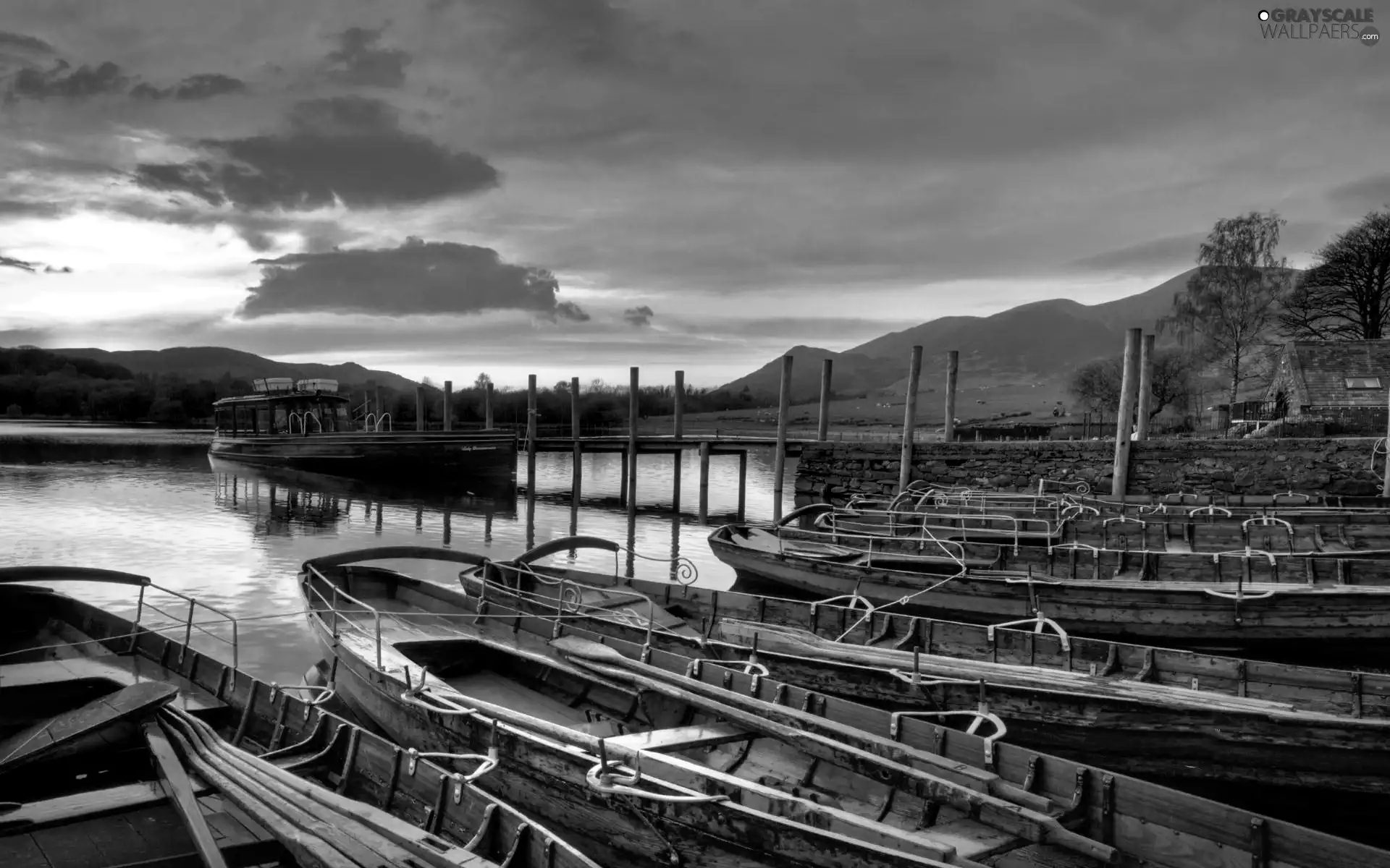 moored, lake, Great Sunsets, Boats