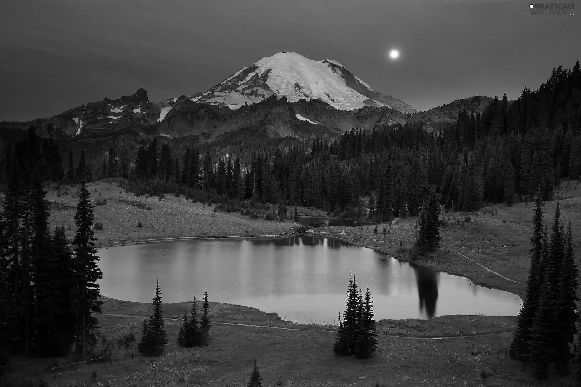 Mountains, lake, Great Sunsets, woods