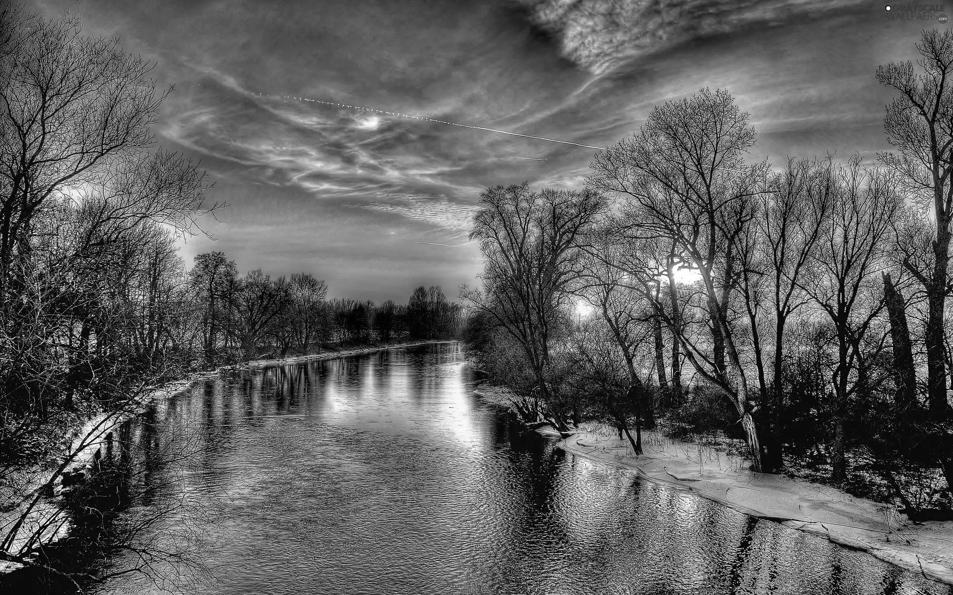 River, viewes, Great Sunsets, trees