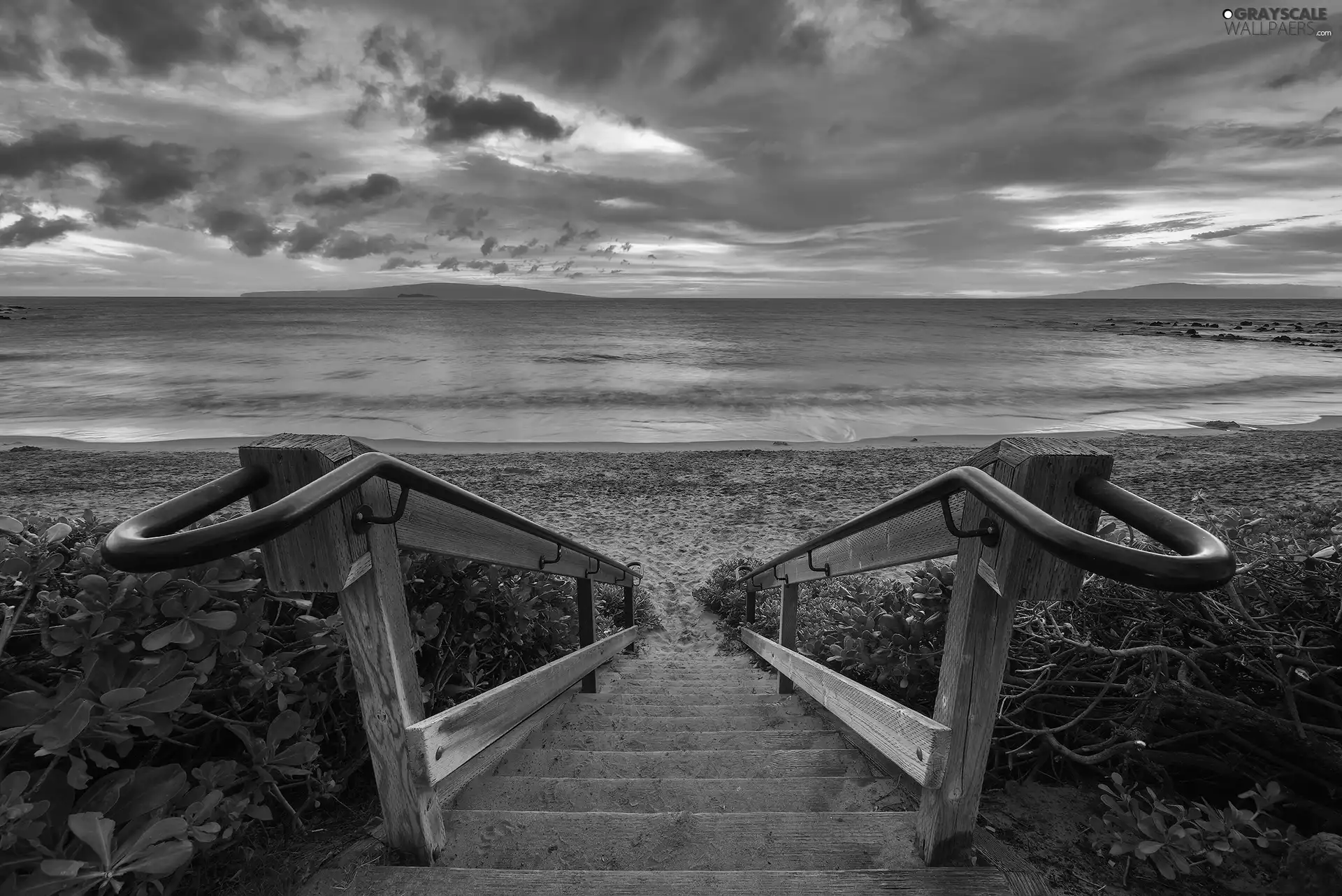Stairs, sea, Great Sunsets, Beaches