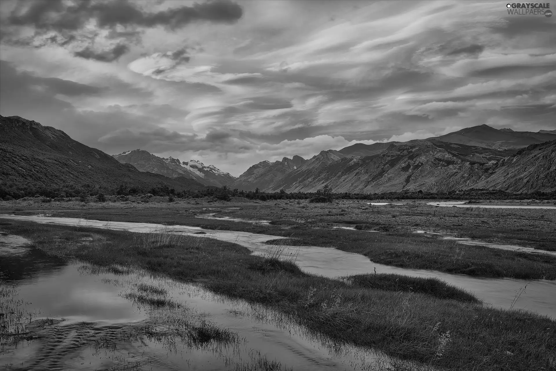 Patagonia, Argentina, River Rio de las Vueltas, Great Sunsets, clouds, Great Sunsets, River, grass, Mountains