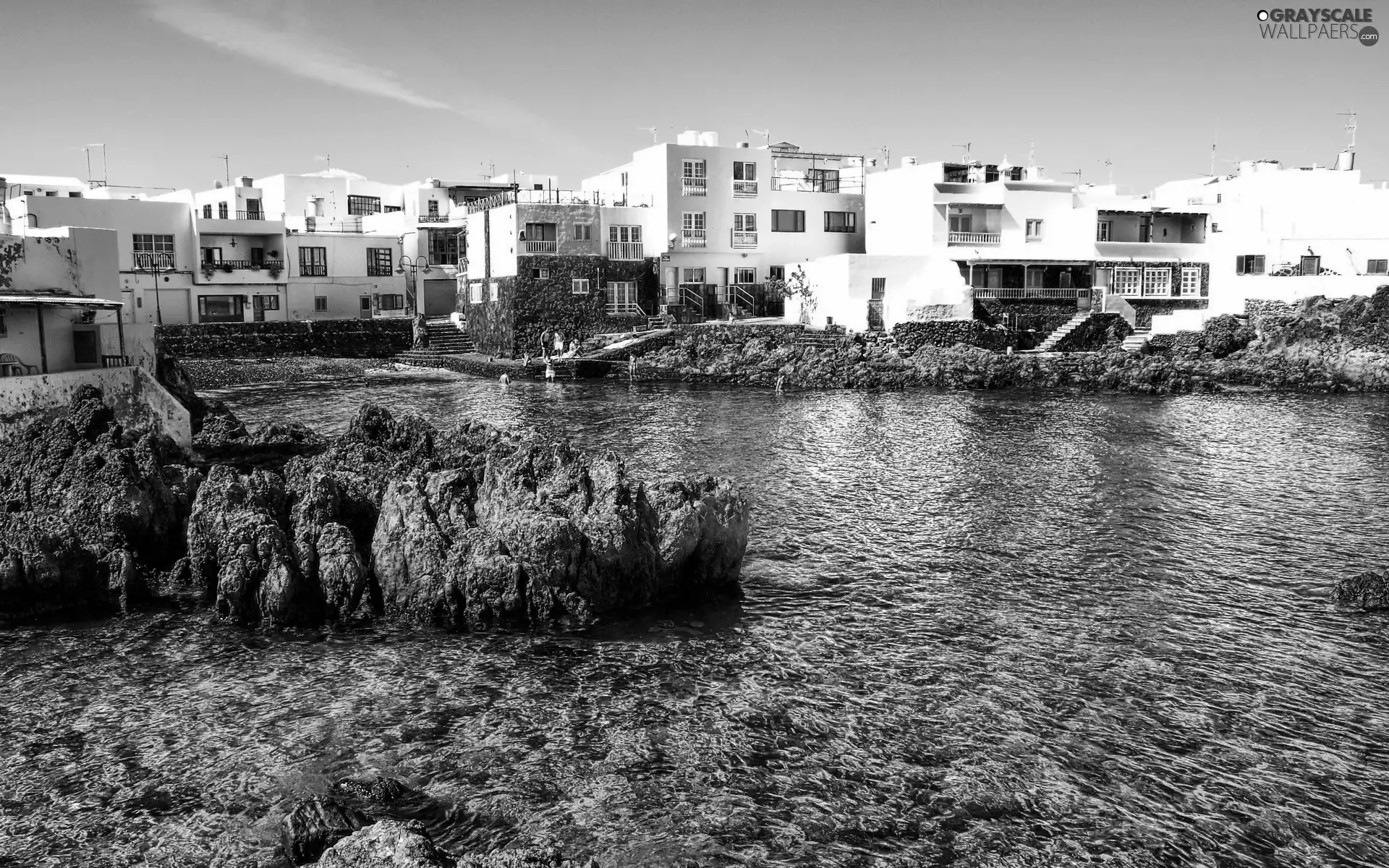 Houses, sea, Greece, rocks
