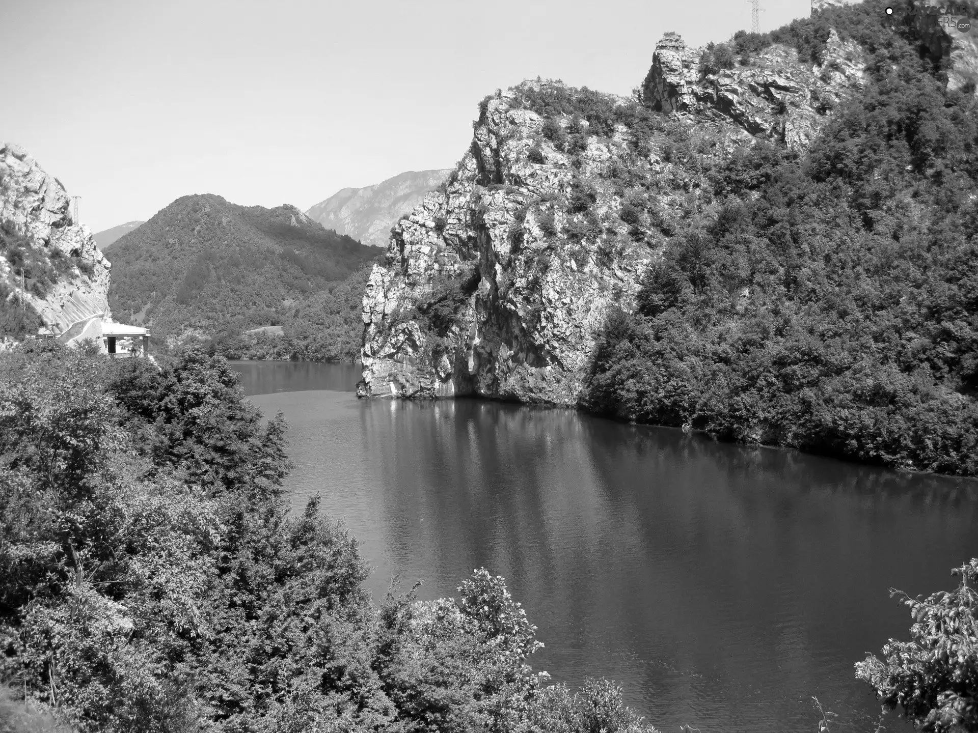 Mountains, rocks, green, River