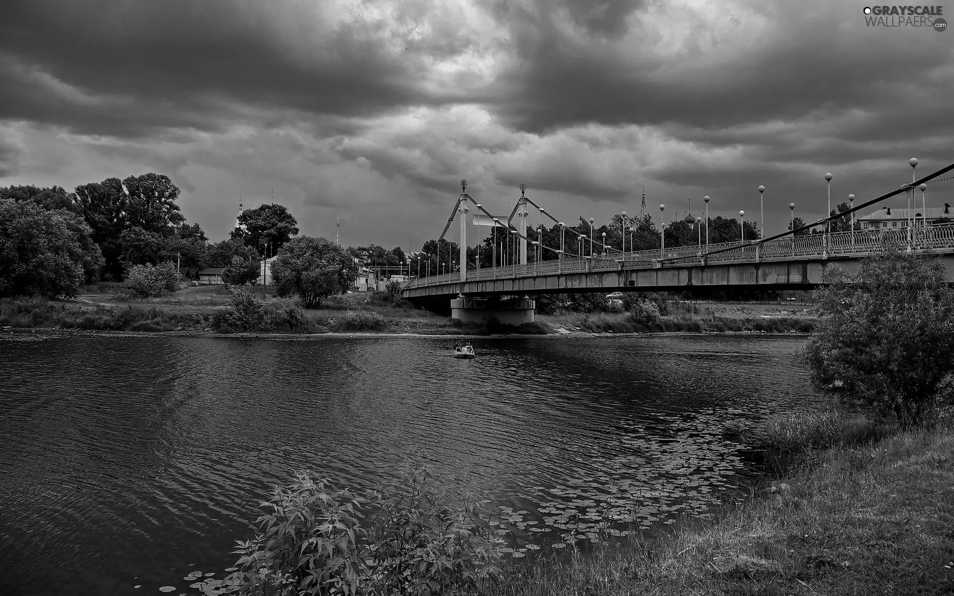 River, clouds, green, bridge