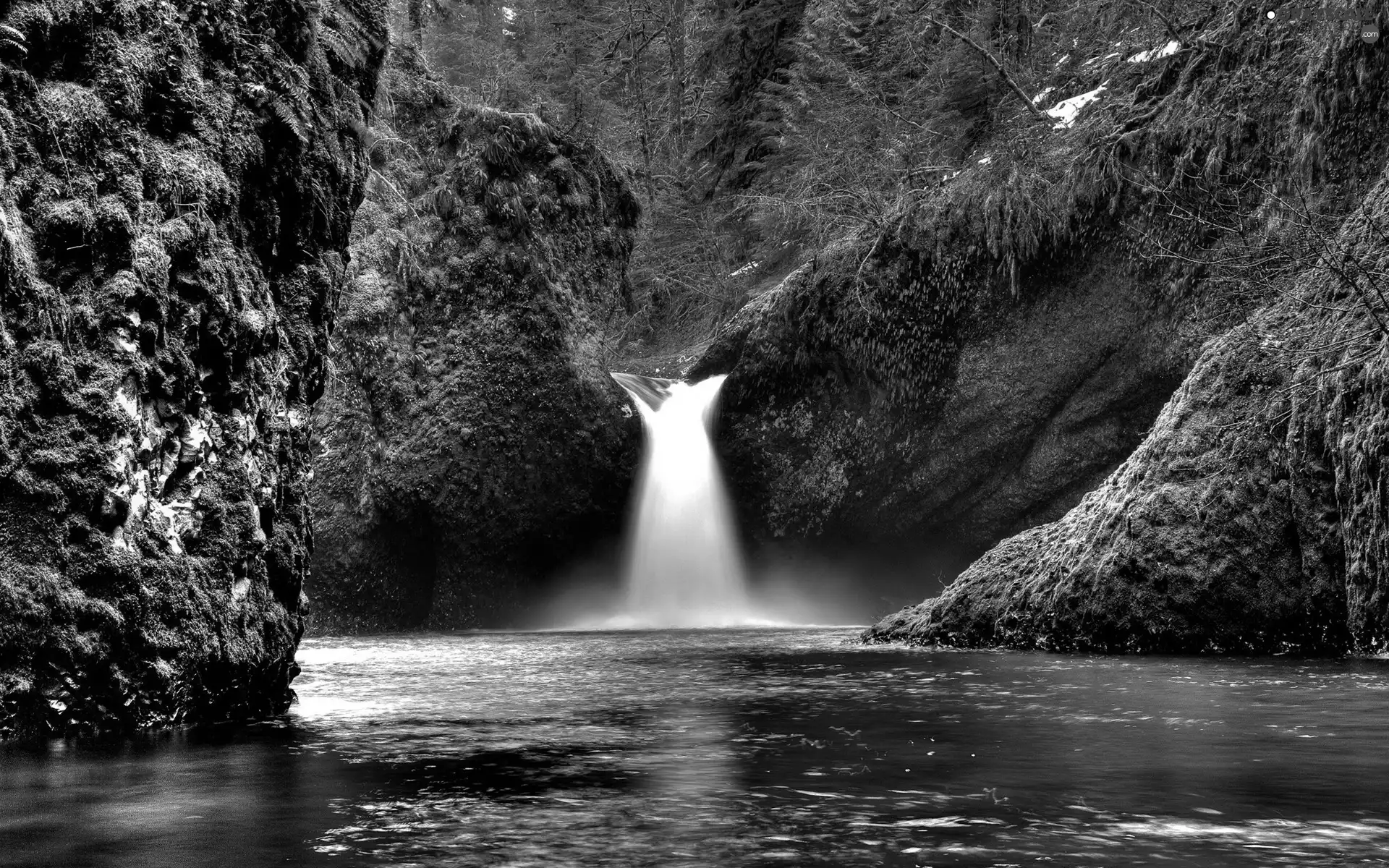 green, waterfall, rocks