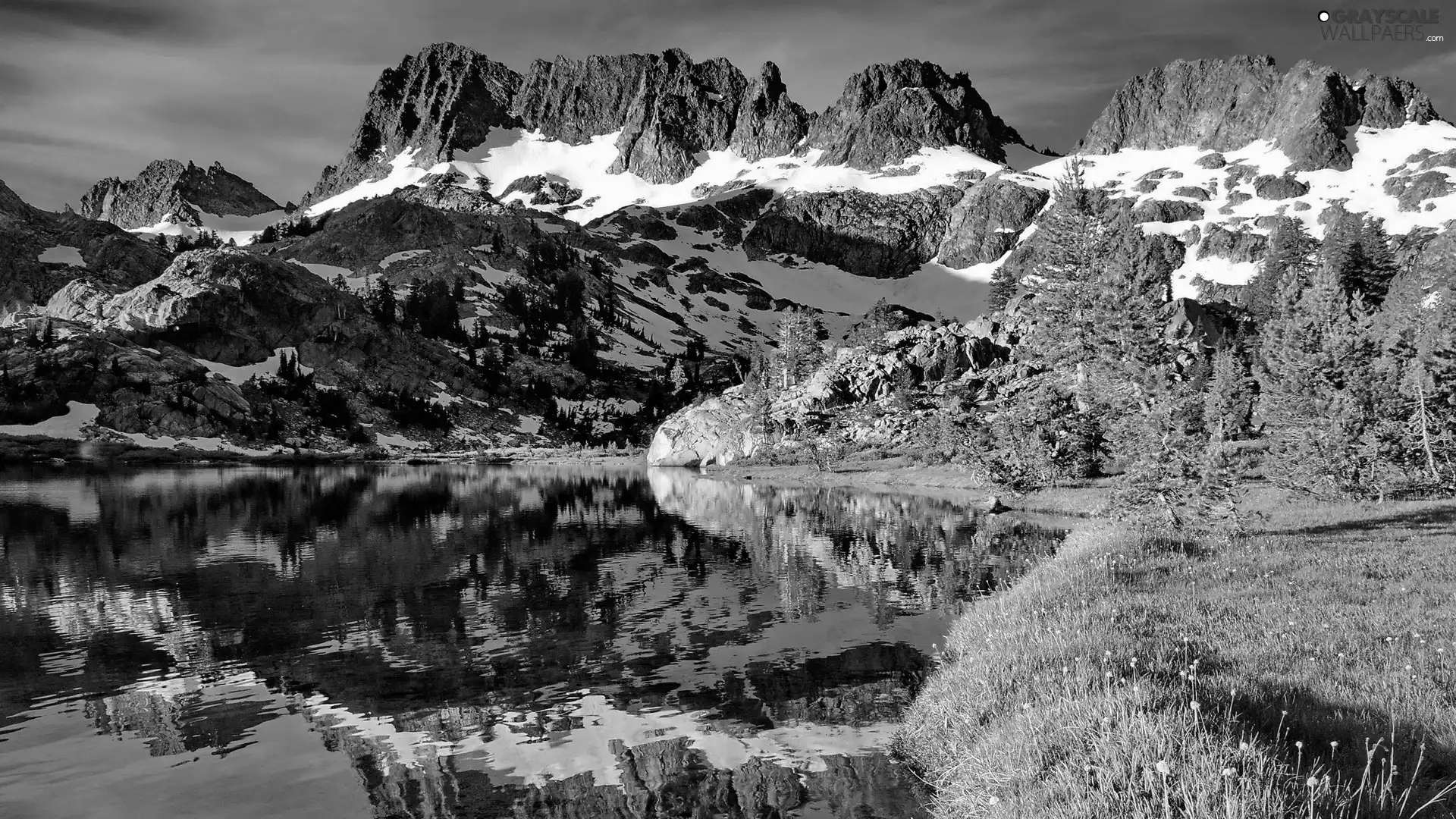 green, Mountains, water