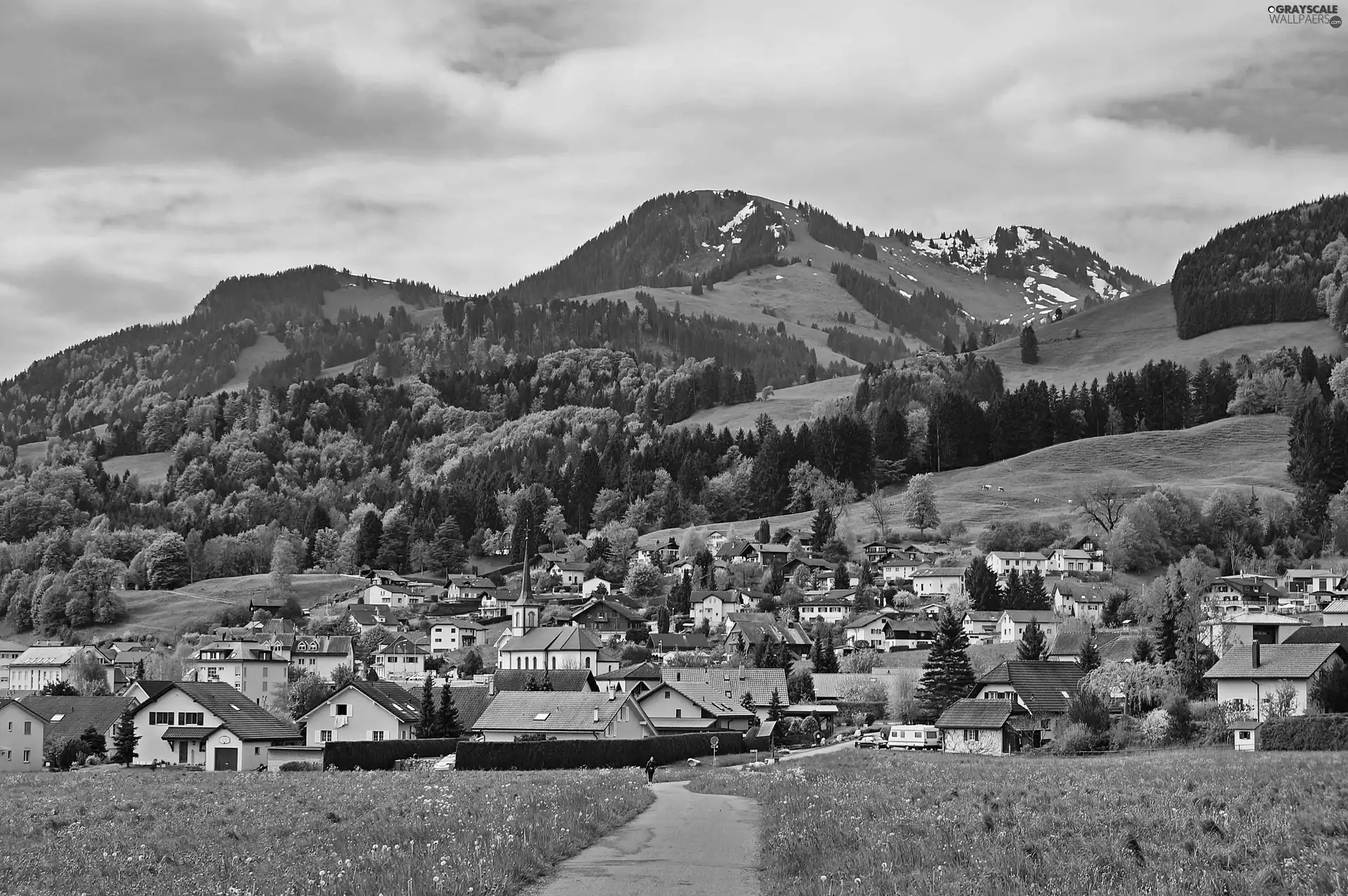 Gruyere, Switzerland, Way, Town, Mountains