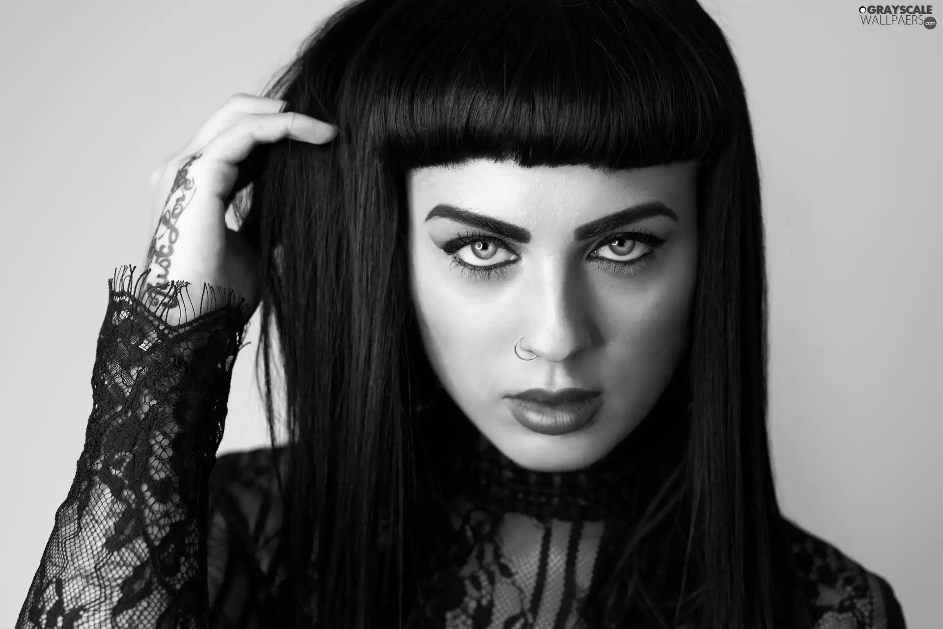 Hair, Women, lace, Blouse, make-up, Black