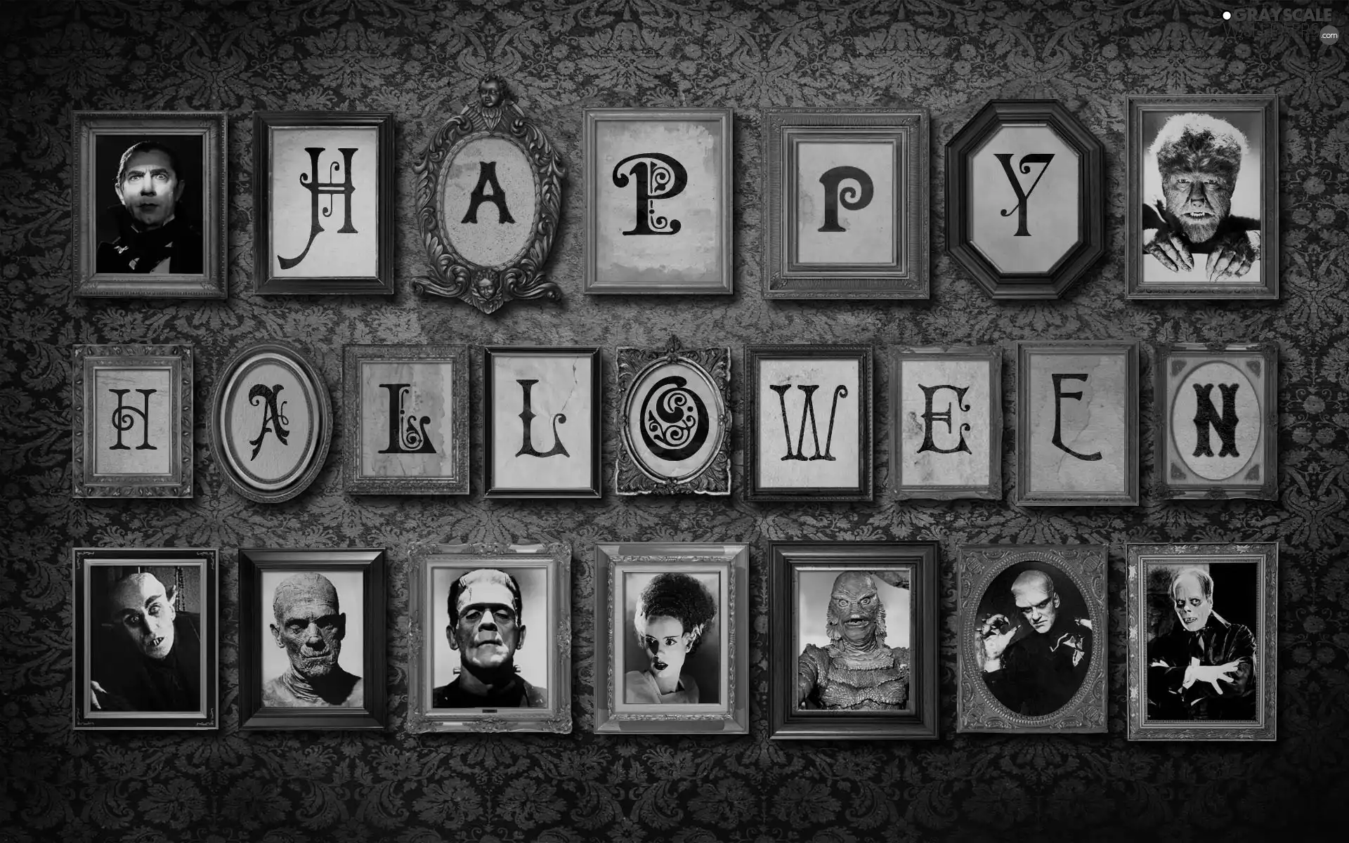 wall, text, halloween, portraits