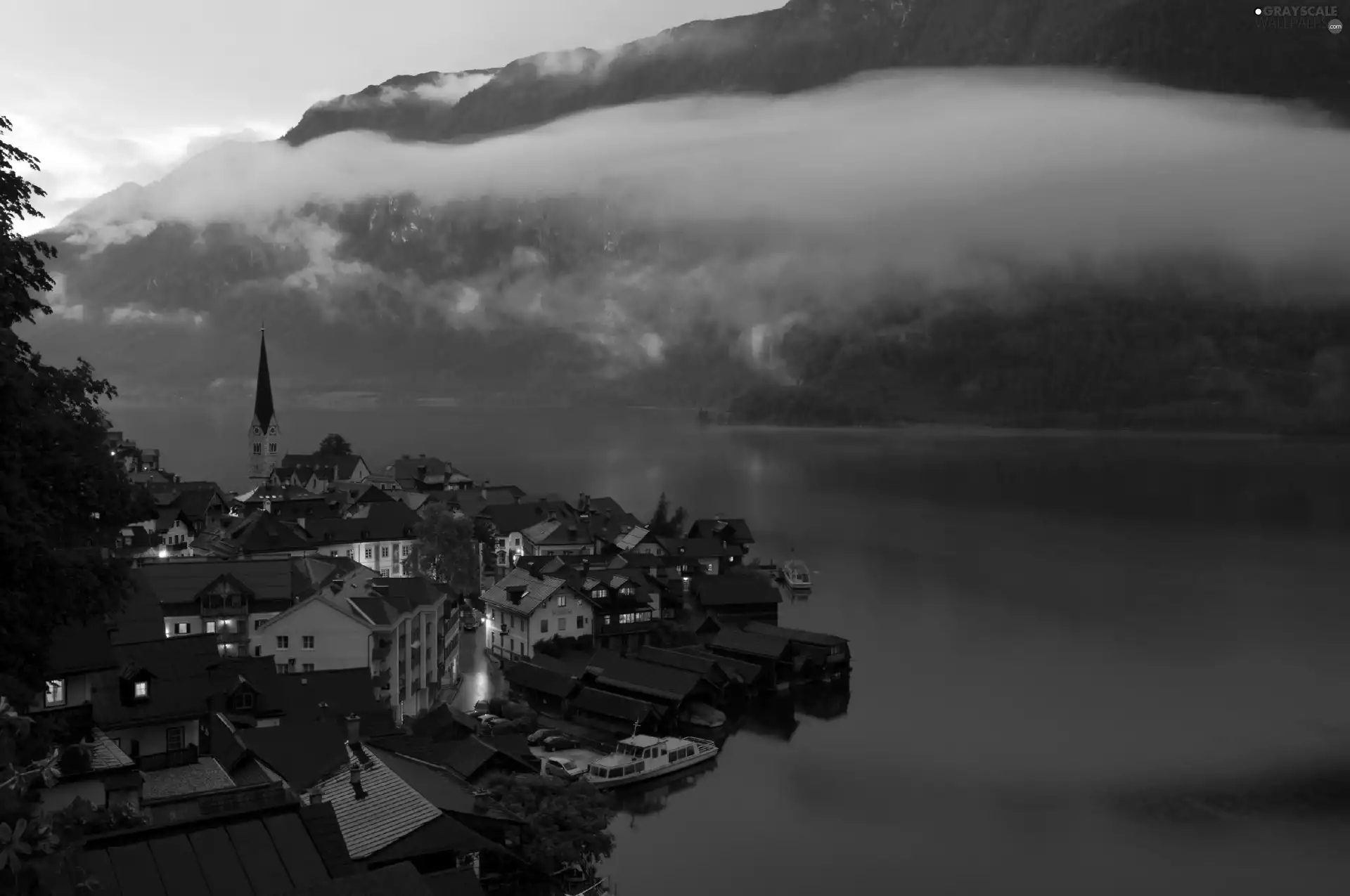 buildings, lake, Hallstatt, Austria, Night, clouds