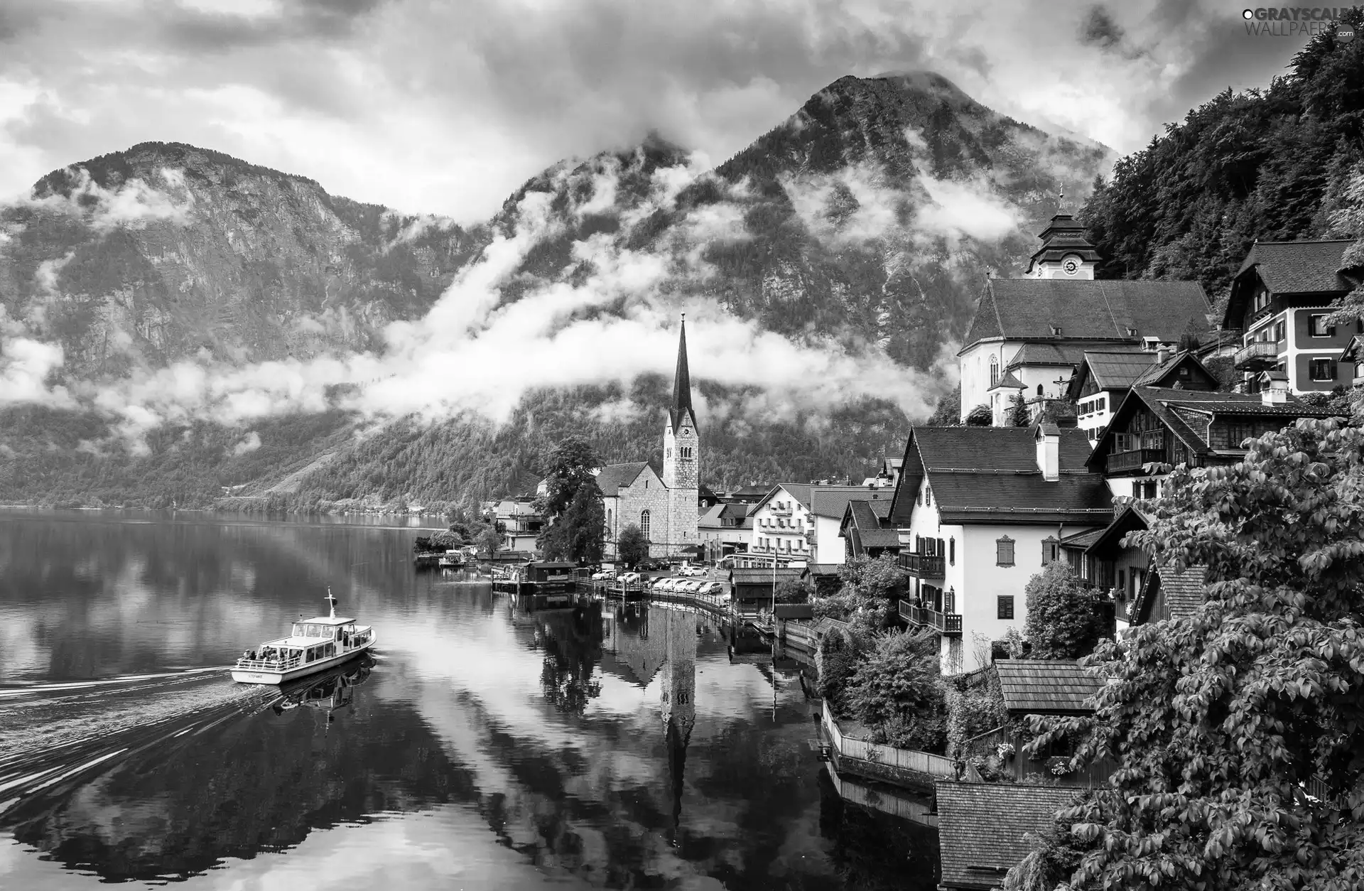 Mountains, Austria, clouds, buildings, Hallstättersee Lake, Hallstatt