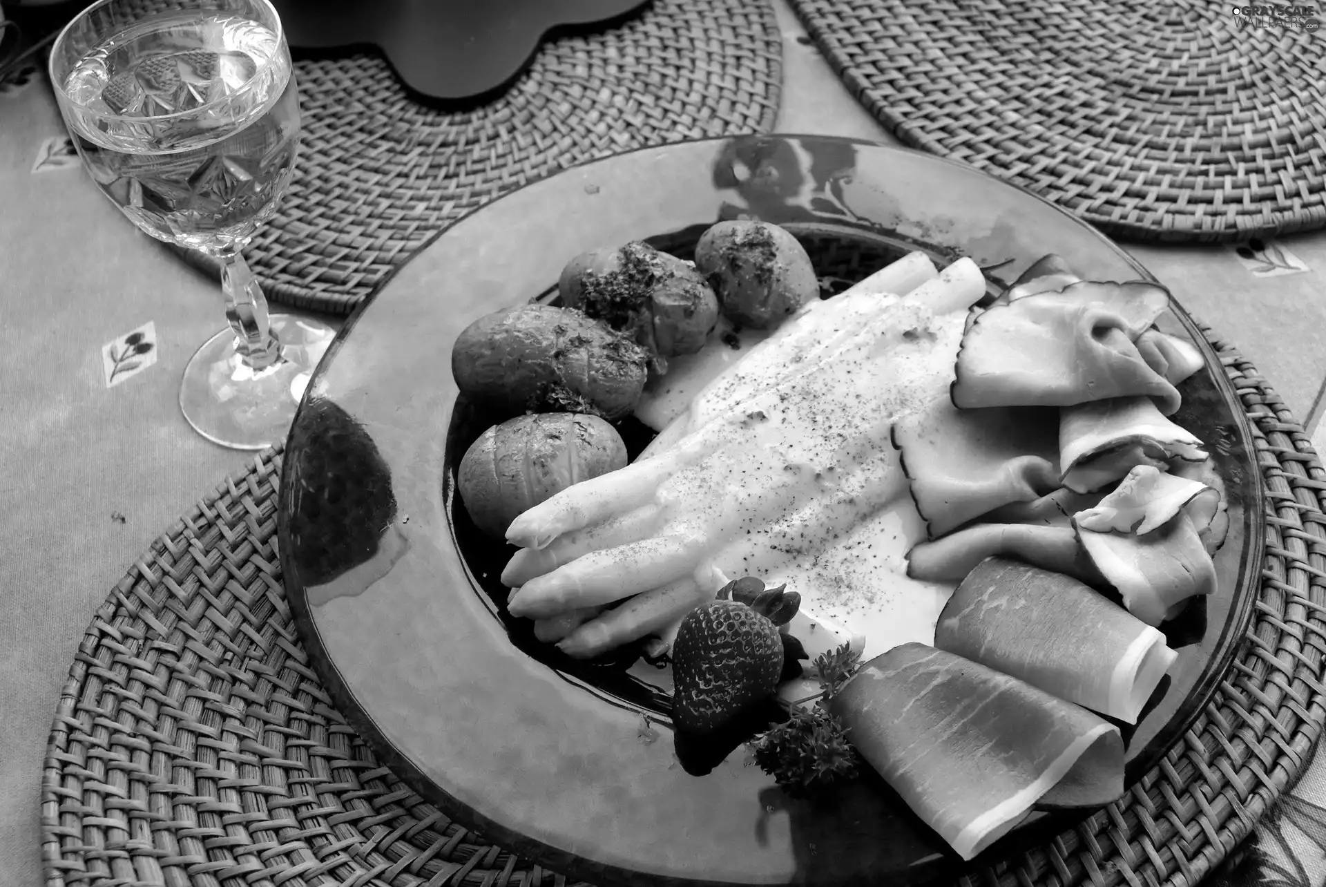 plate, asparagus, ham, Potatoes