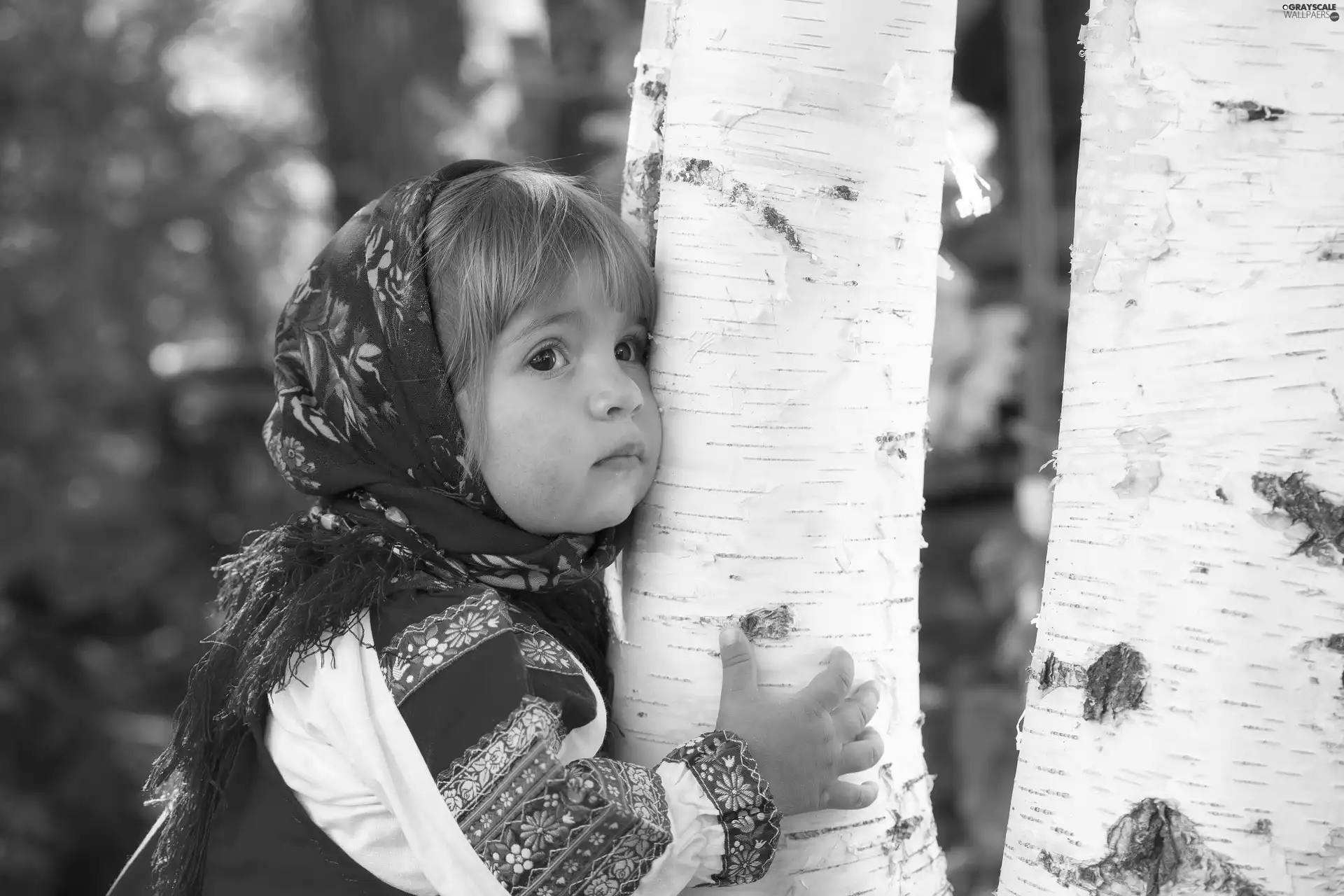 handkerchief, birch, girl, Coloured, sad