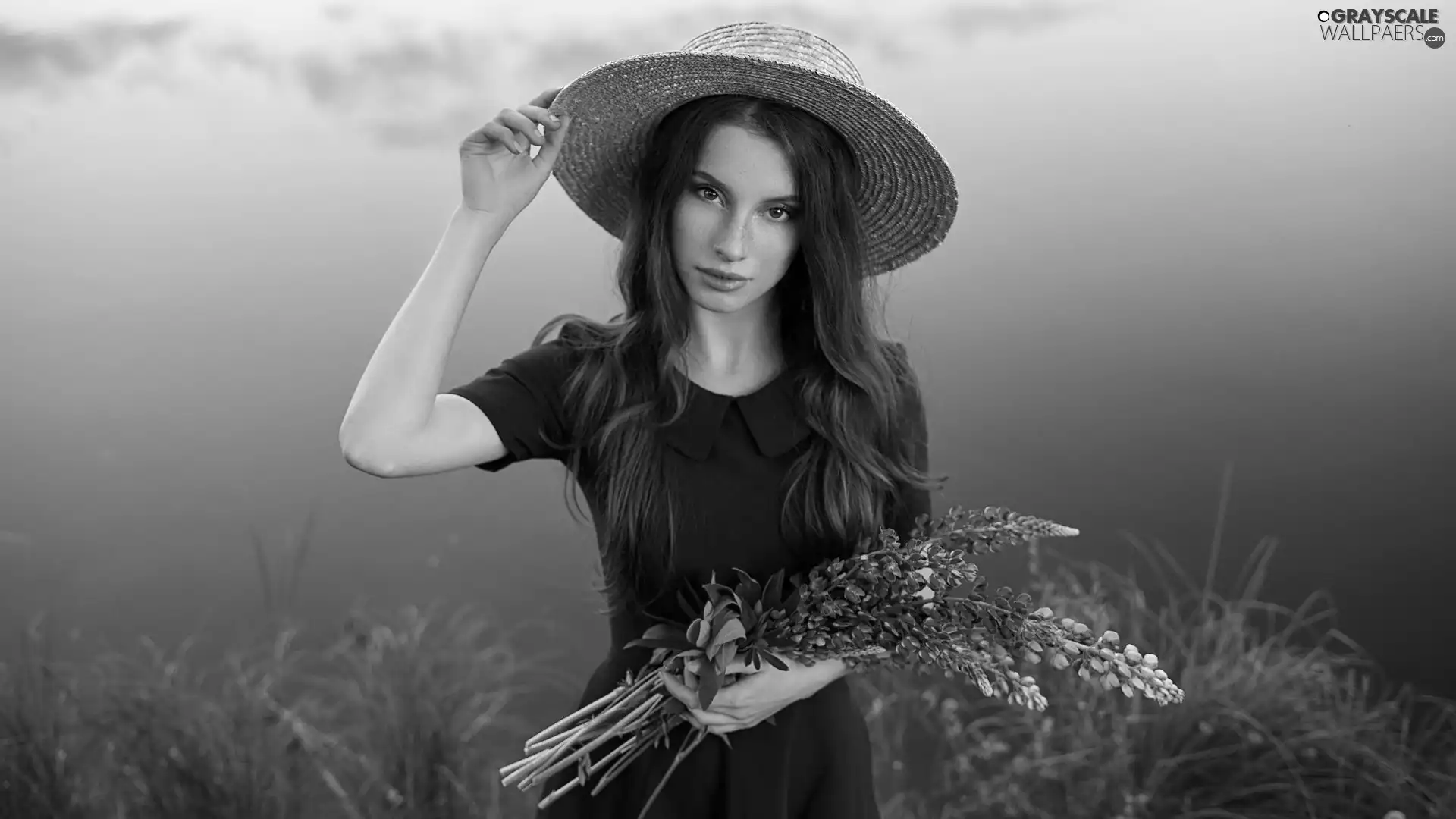 girl, Flowers, lupine, Hat