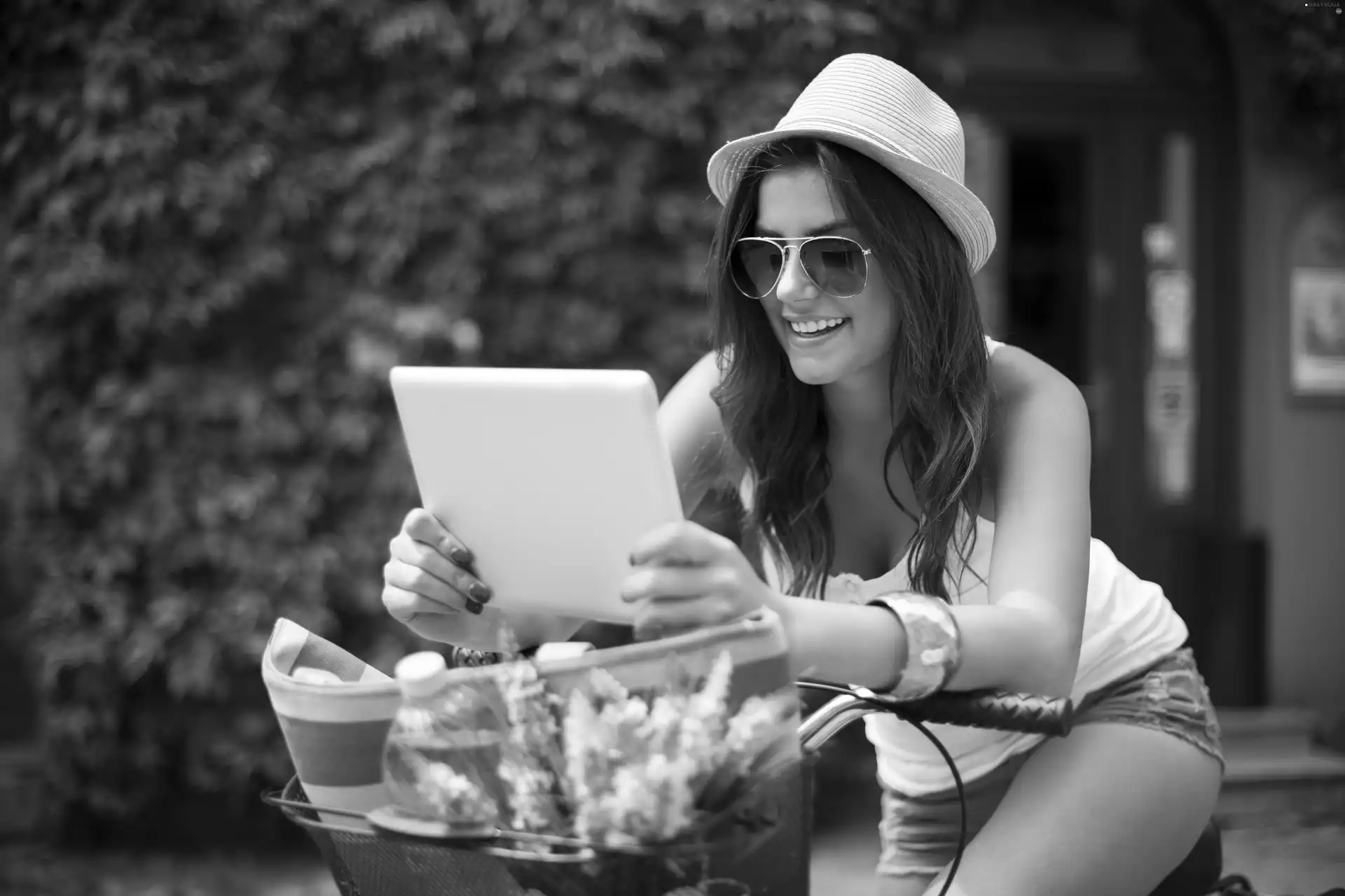 Hat, Smile, Bike, Tablet, Women