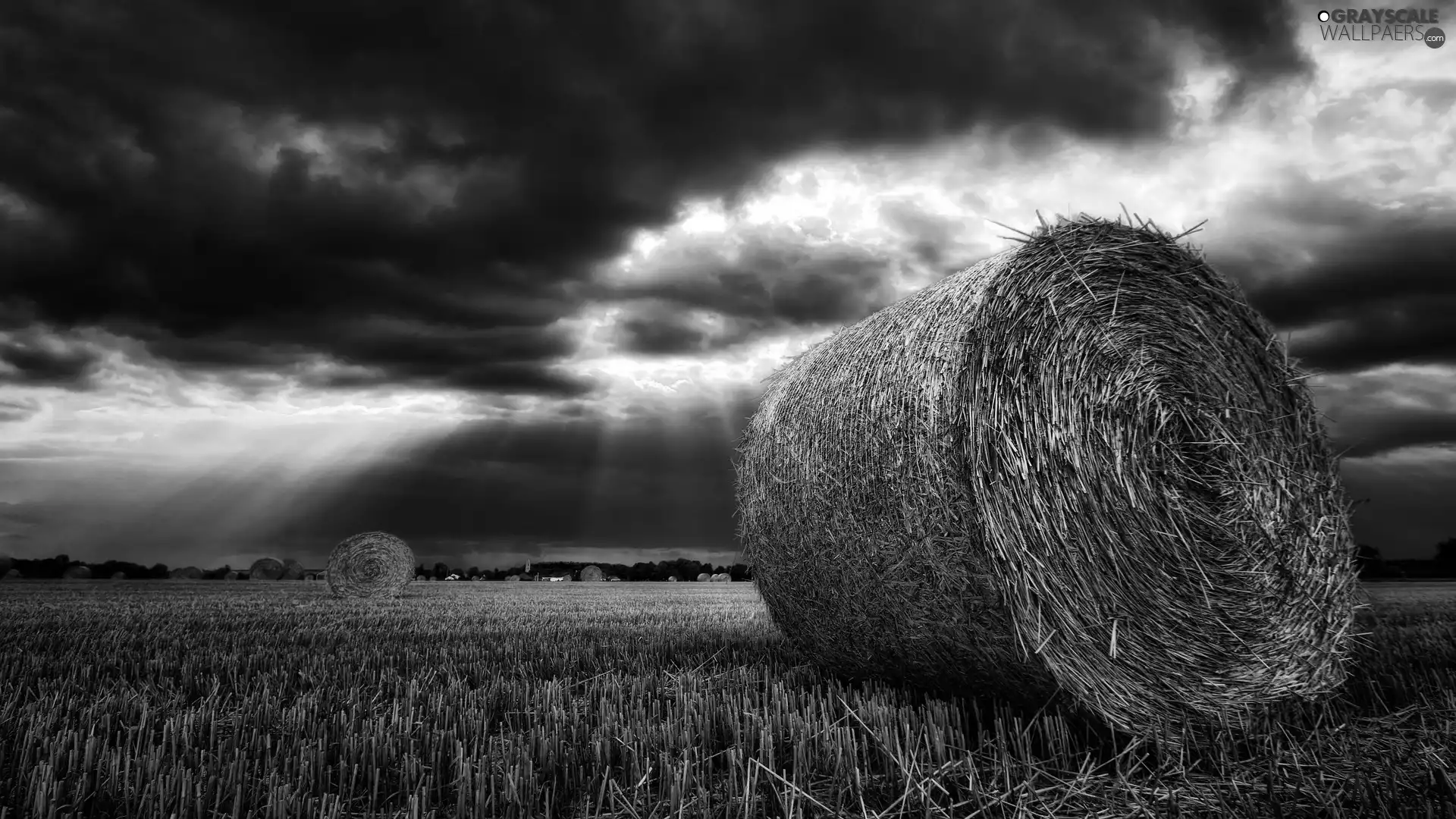 field, dark, Bele, clouds, Great Sunsets, Stubble, Hay