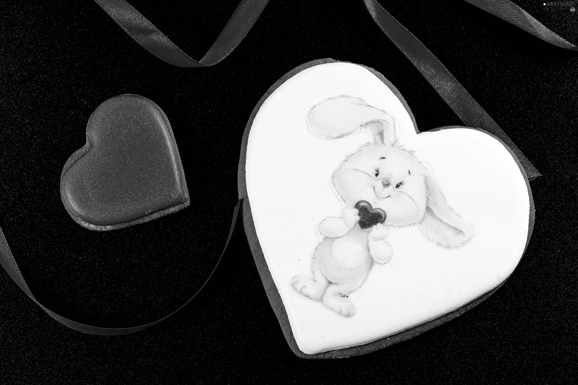 ribbon, black background, heart, Rabbit, cookies