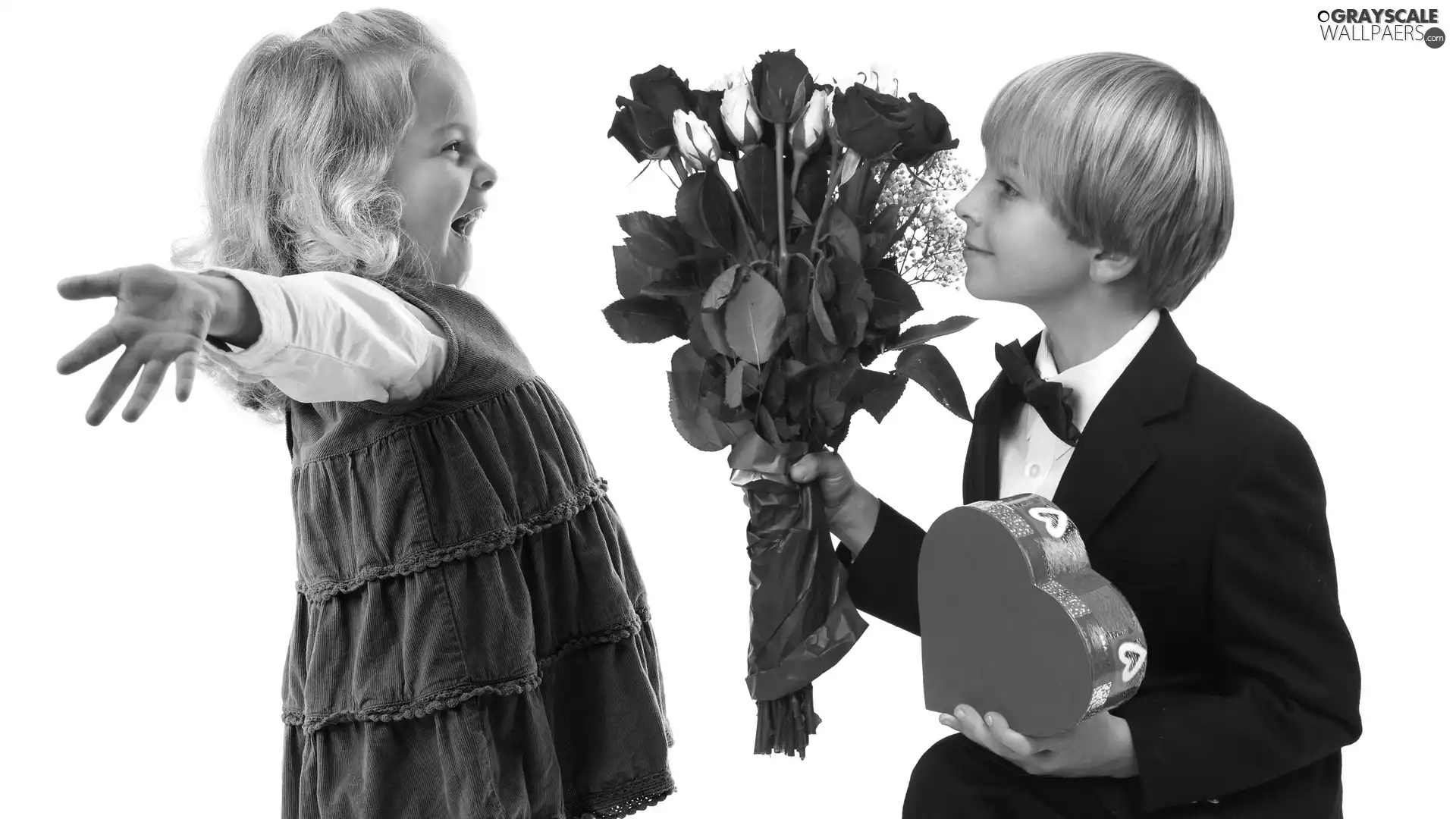 girl, Flowers, Heart teddybear, boy