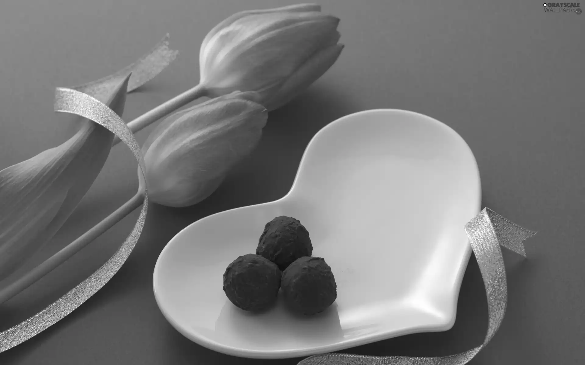 Heart, Truffles, ribbon, plate, Tulips