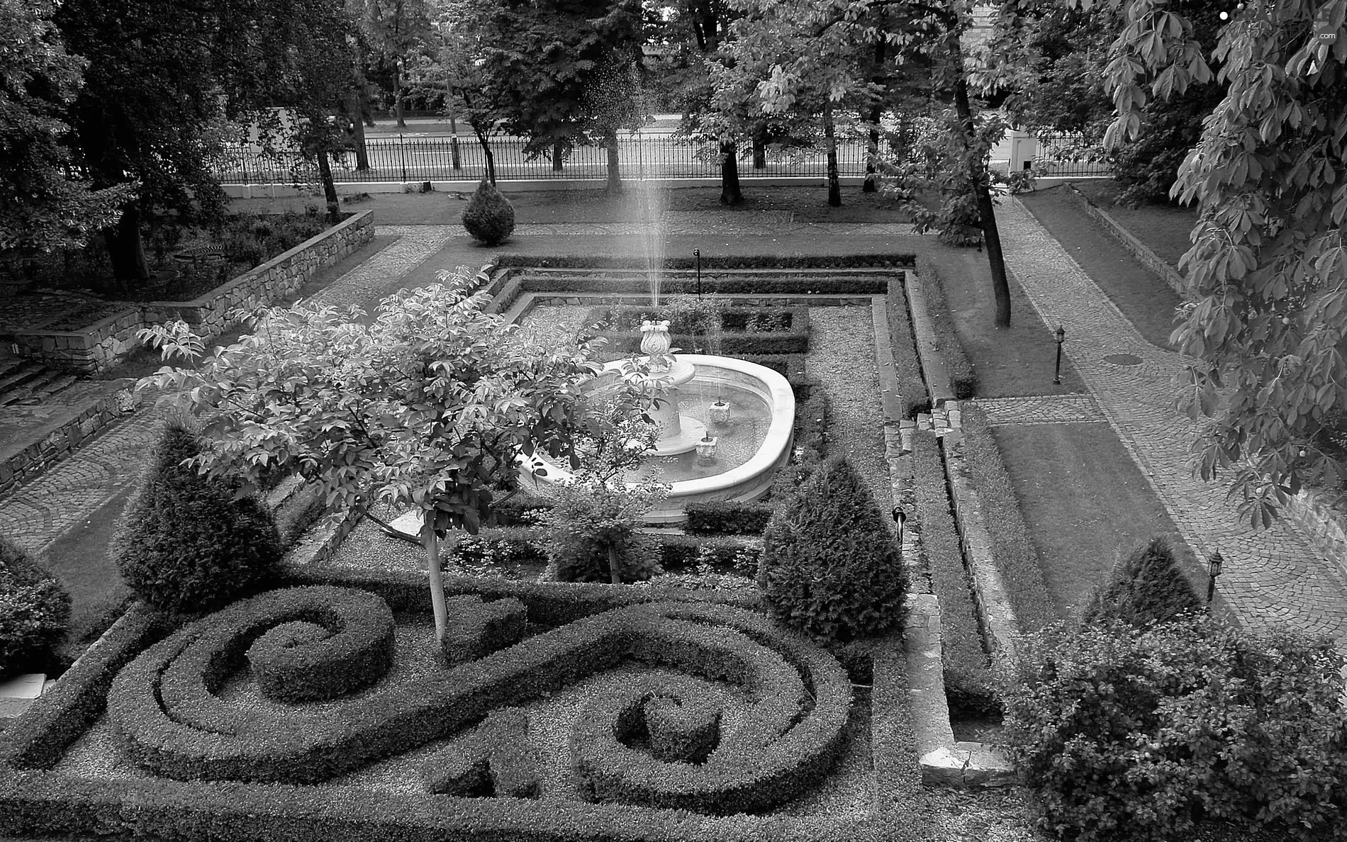 hedge, fountain, botanical, decorated, Garden