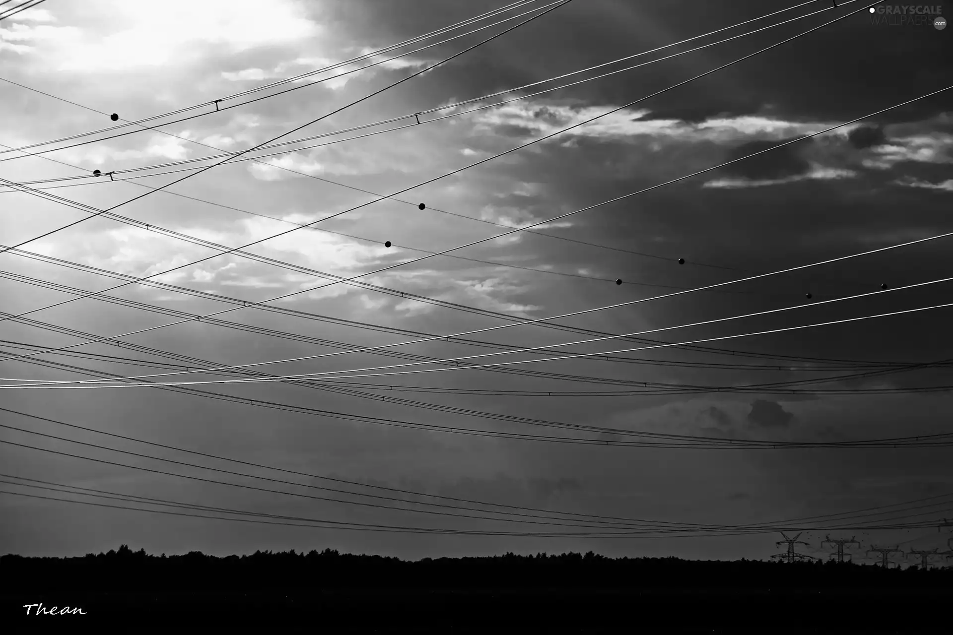 rays, clouds, high, tensions, lines, Sky