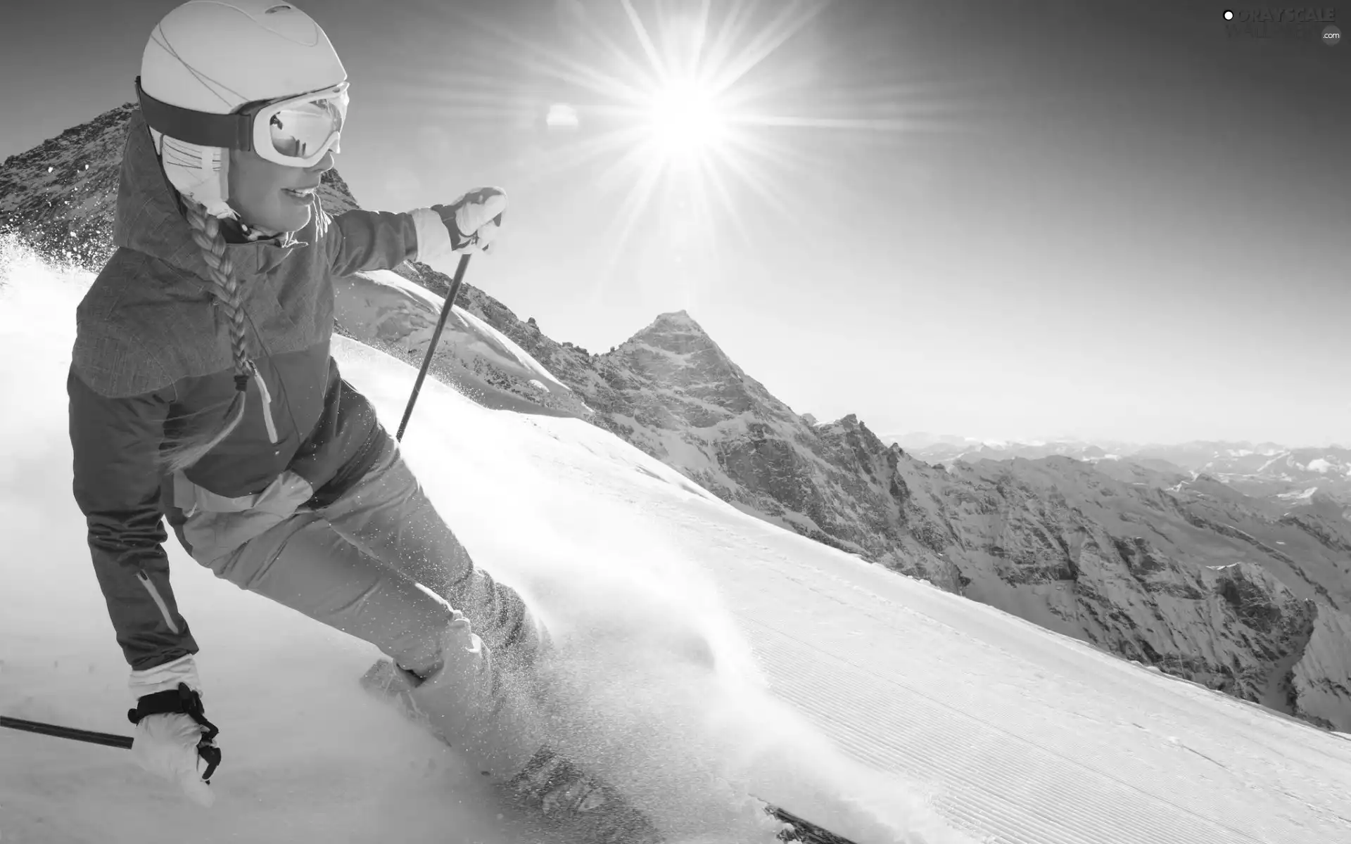 Hill-side, Skier, sun, winter, rays, Mountains