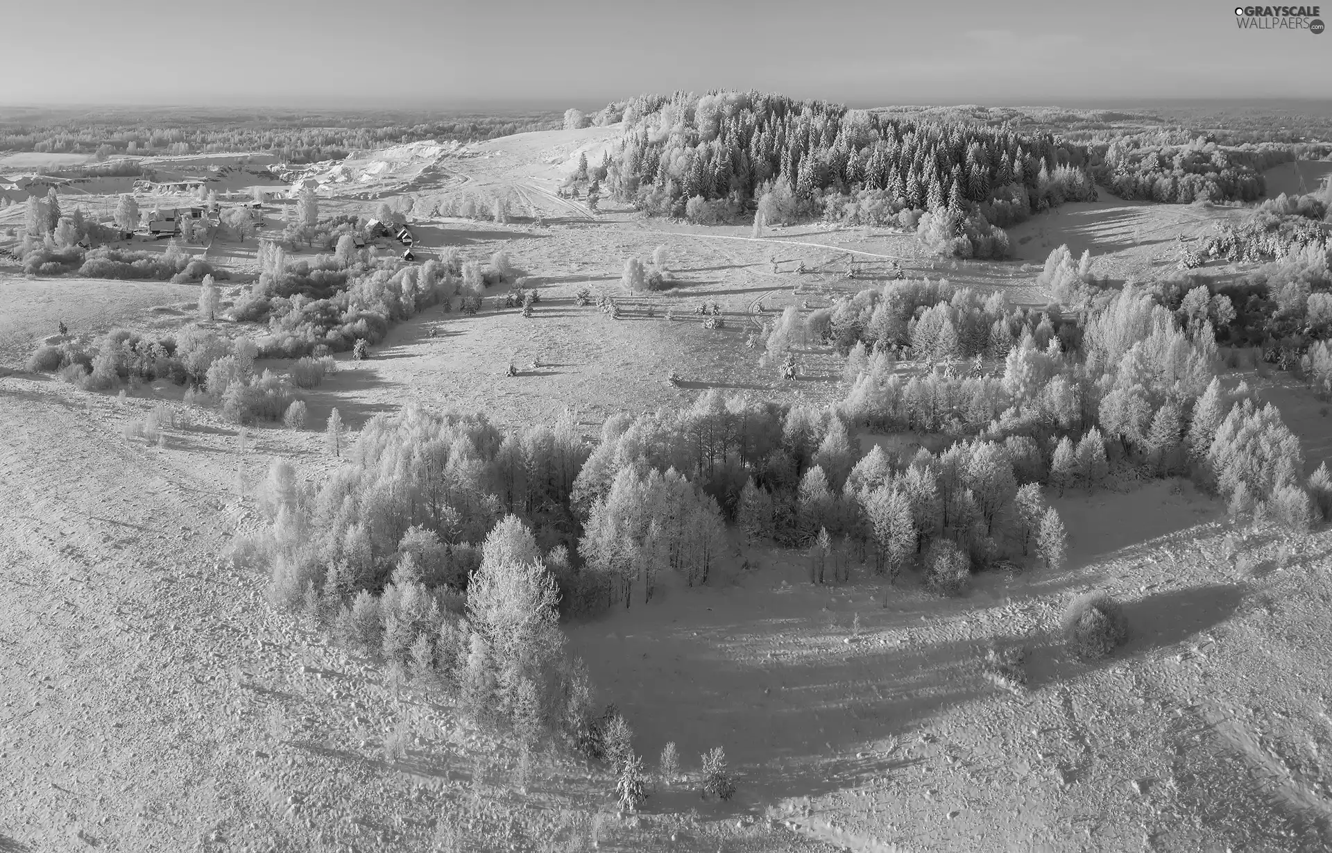 Snowy, snow, viewes, Hill, winter, trees, Houses