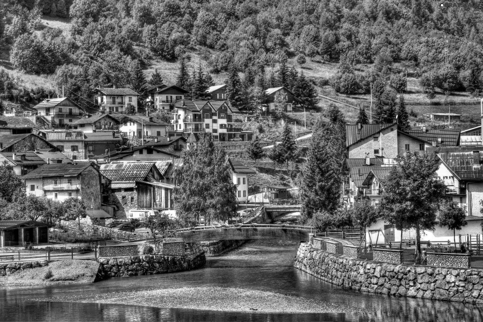 hills, Houses, edges, rivers, bridge