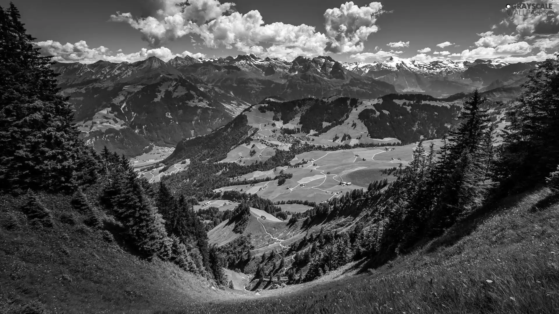 Sky, green ones, Mountains, Valley, clouds, The Hills