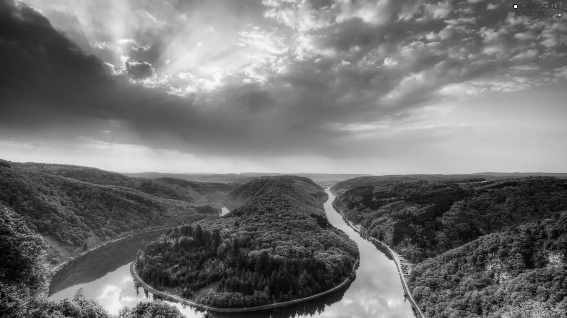 trees, winding, The Hills, clouds, viewes, River