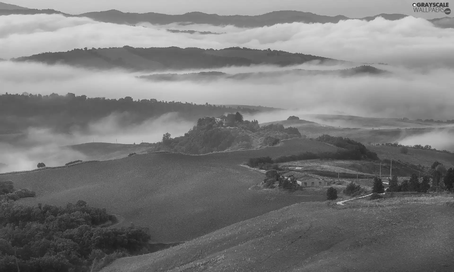 Tuscany, Italy, The Hills, Houses, clouds, Fog, trees, viewes, Way