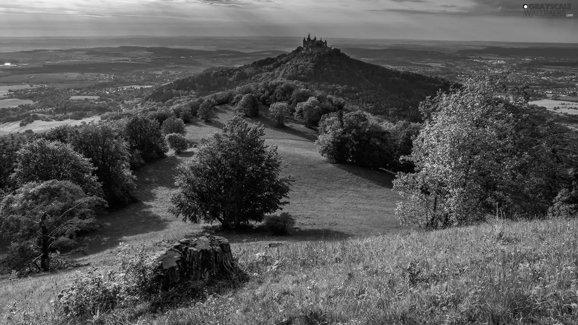 trees, viewes, Germany, clouds, Baden-Württemberg, Hohenzollern Castle, Hohenzollern Mountain, Hill