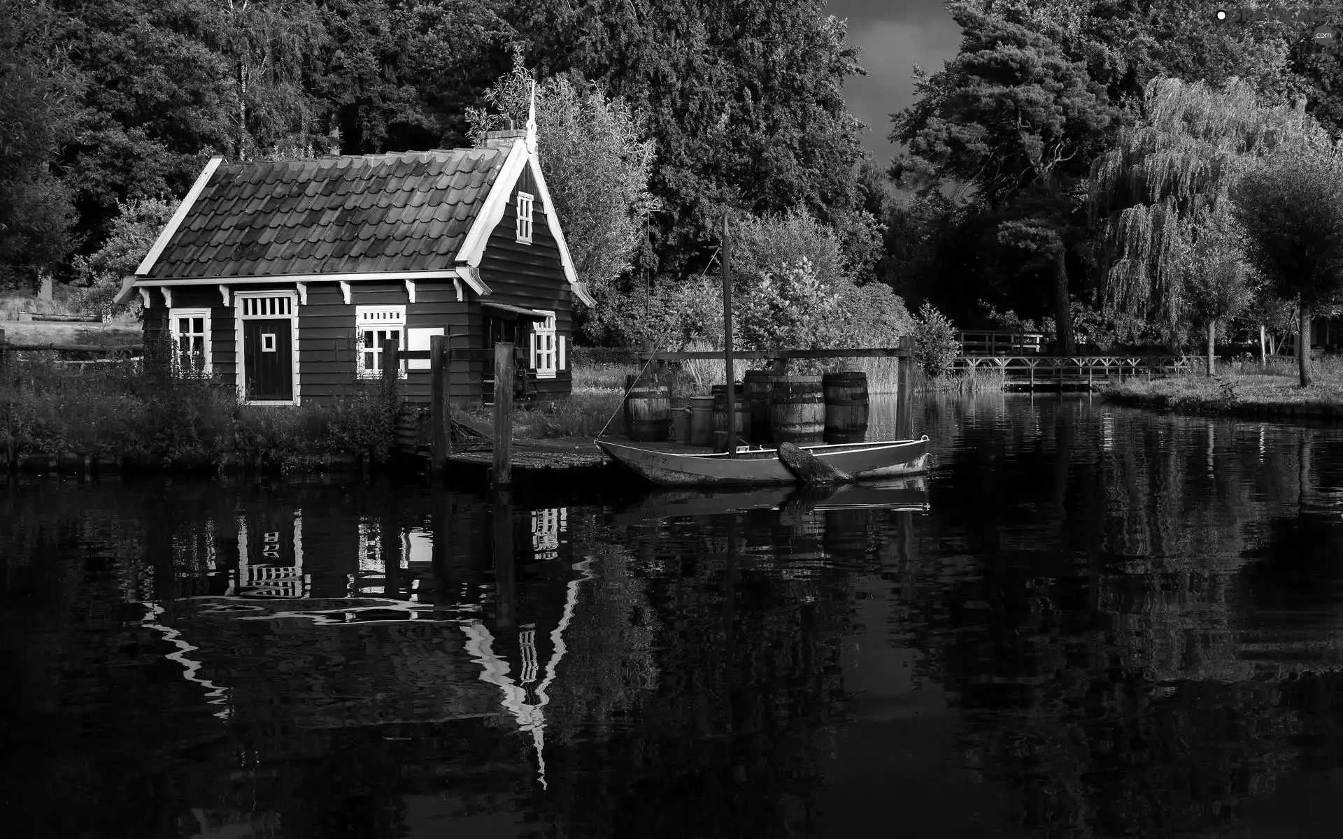 Home, forest, bridge, Boat, River