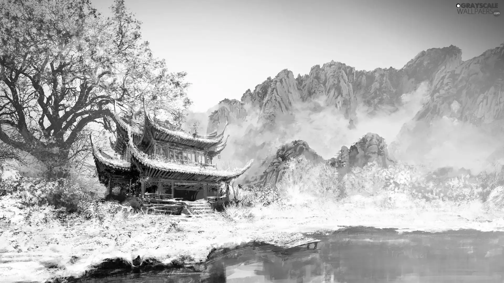 Home, japanese, Mountains, trees, winter