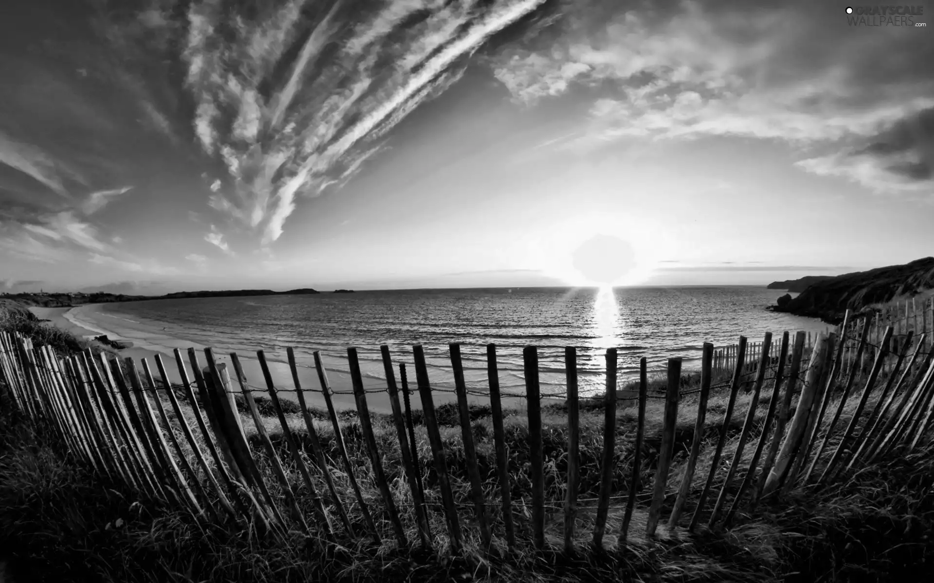 horizon, fence, sea