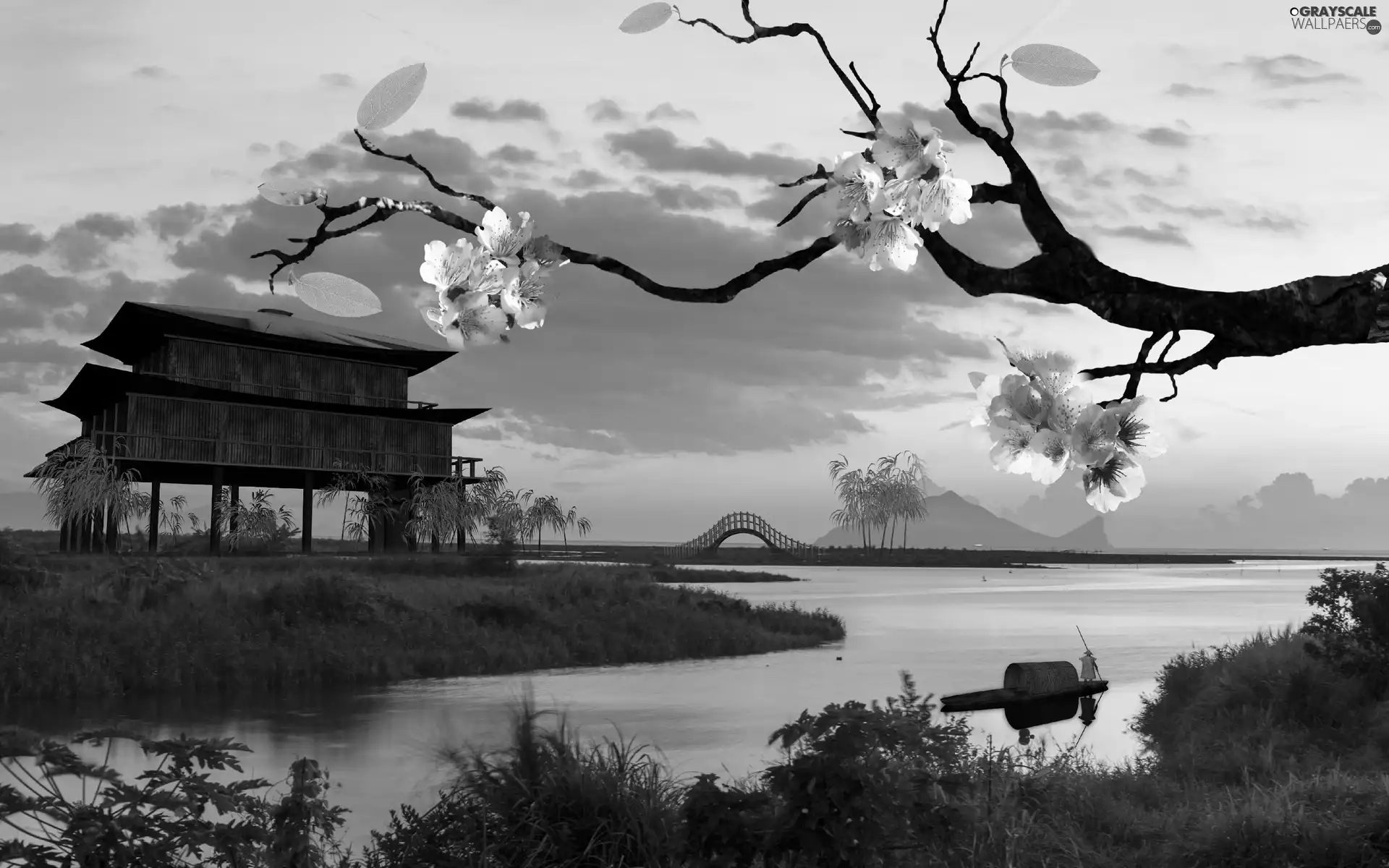 trees, bridge, an, sun, piles, River, house, Japan, west, flourishing