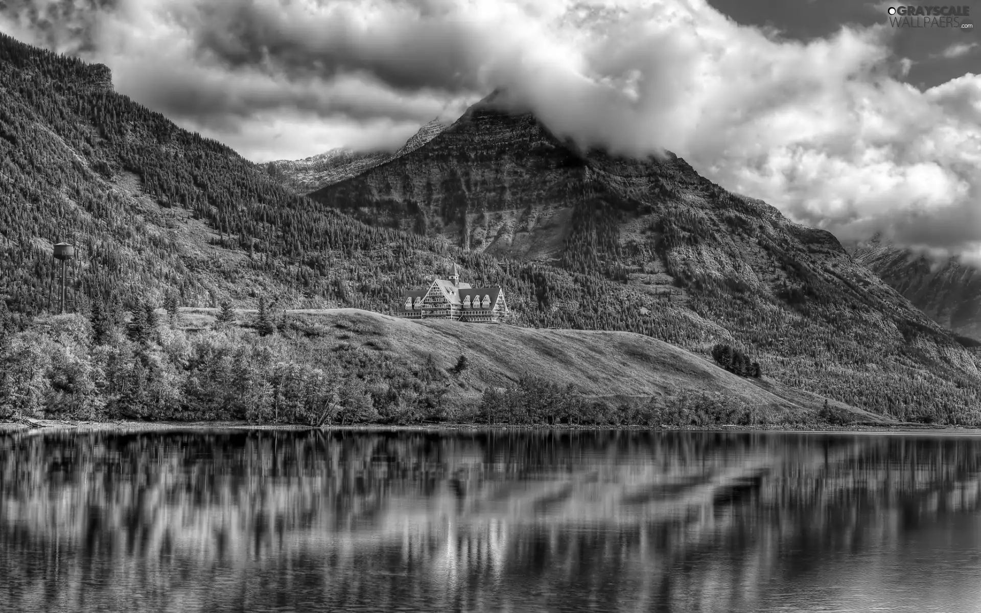 woods, lake, House, autumn, Fog, Mountains