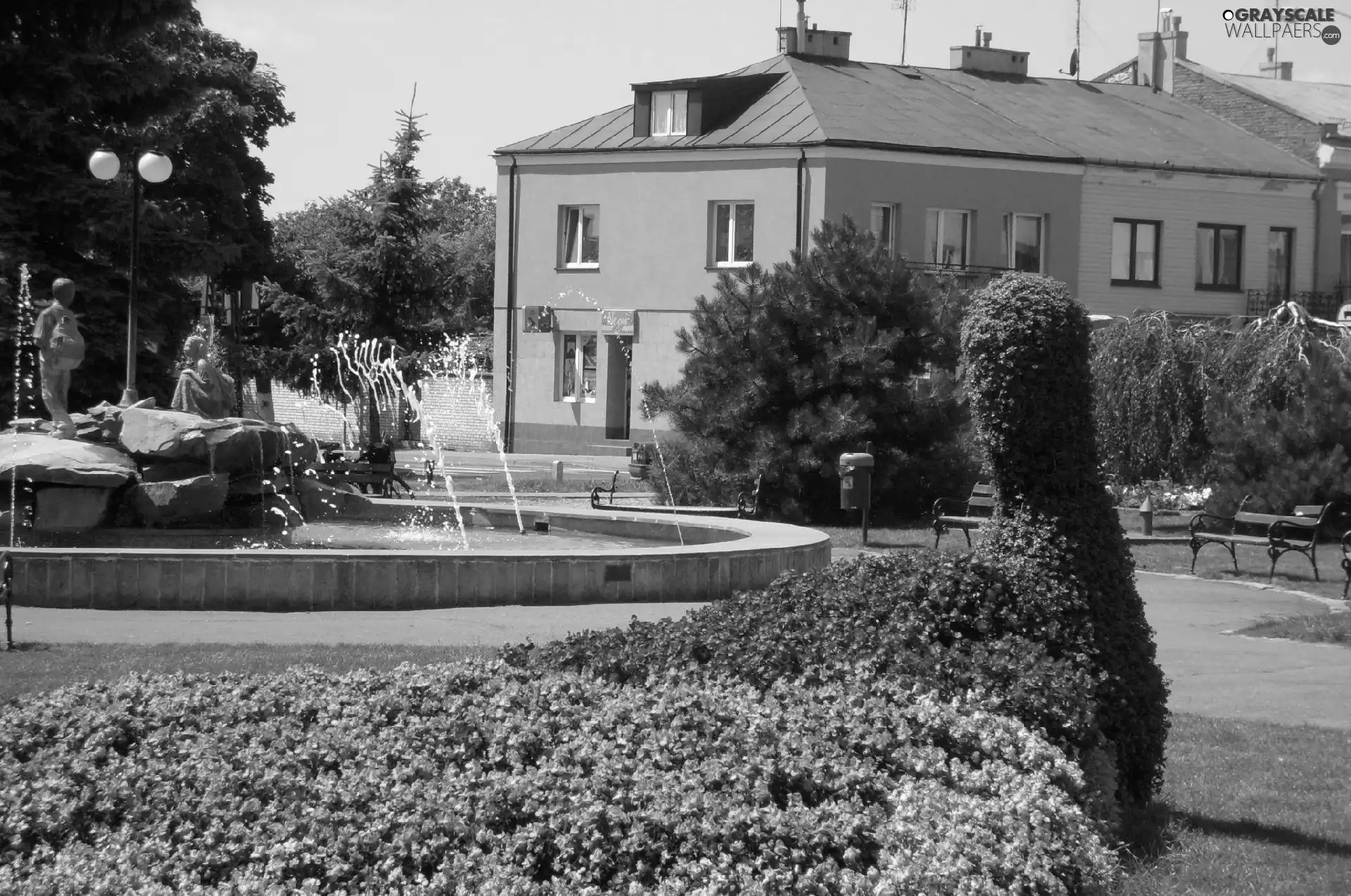 Bird, fountain, house, Flowers