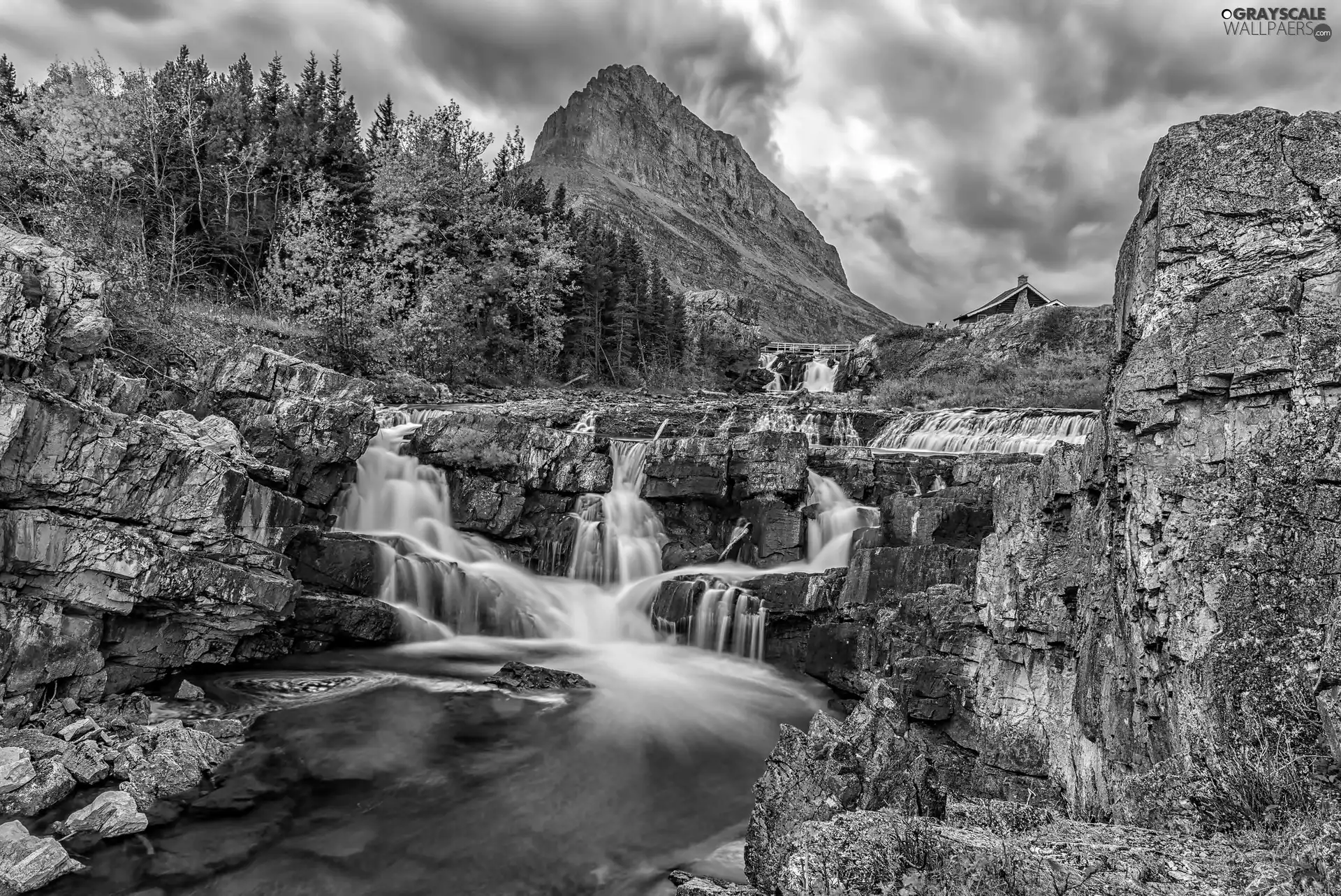 rocks, Mountains, house, bridge, waterfall, forest