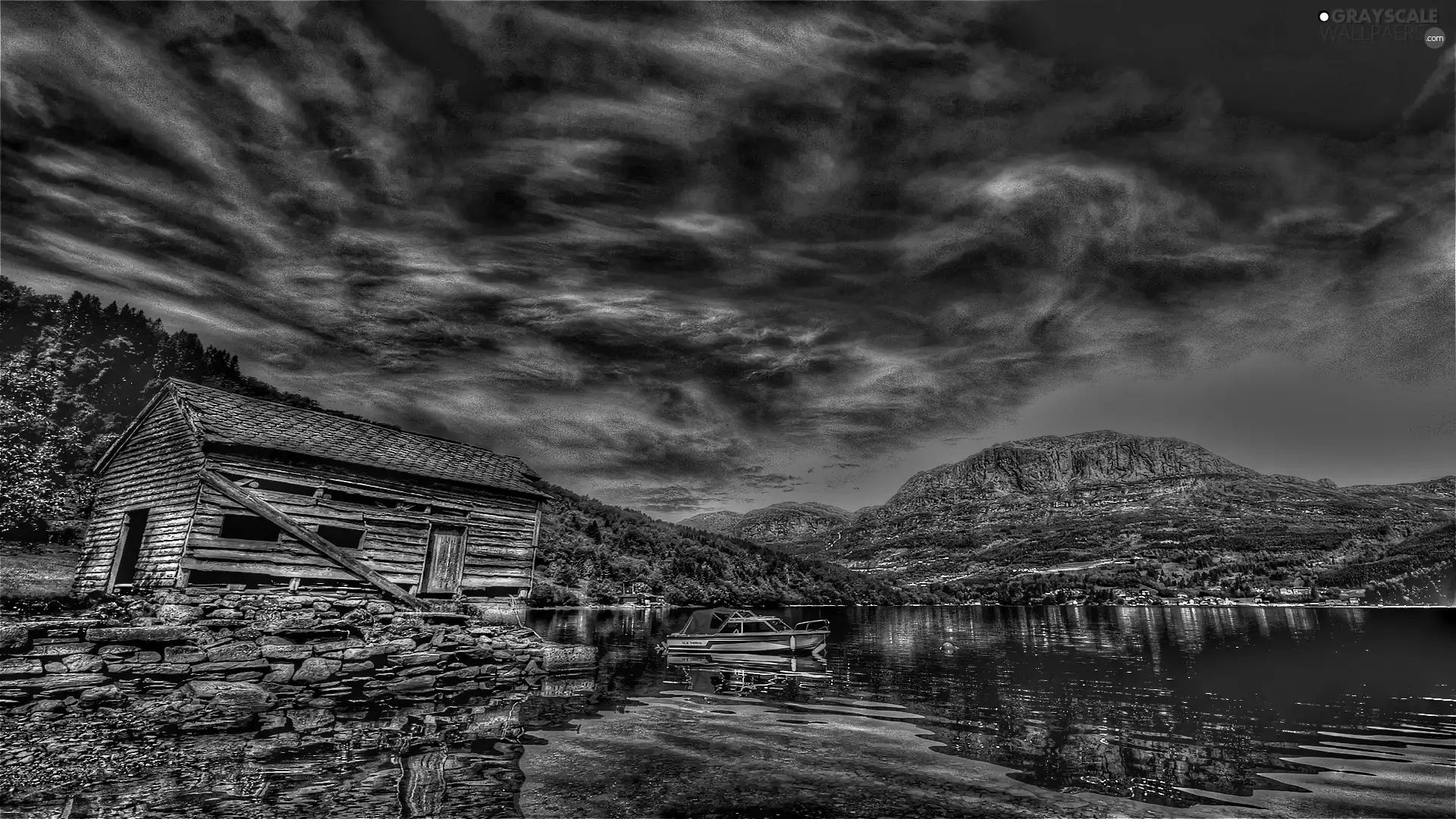 clouds, lake, House, Mountains