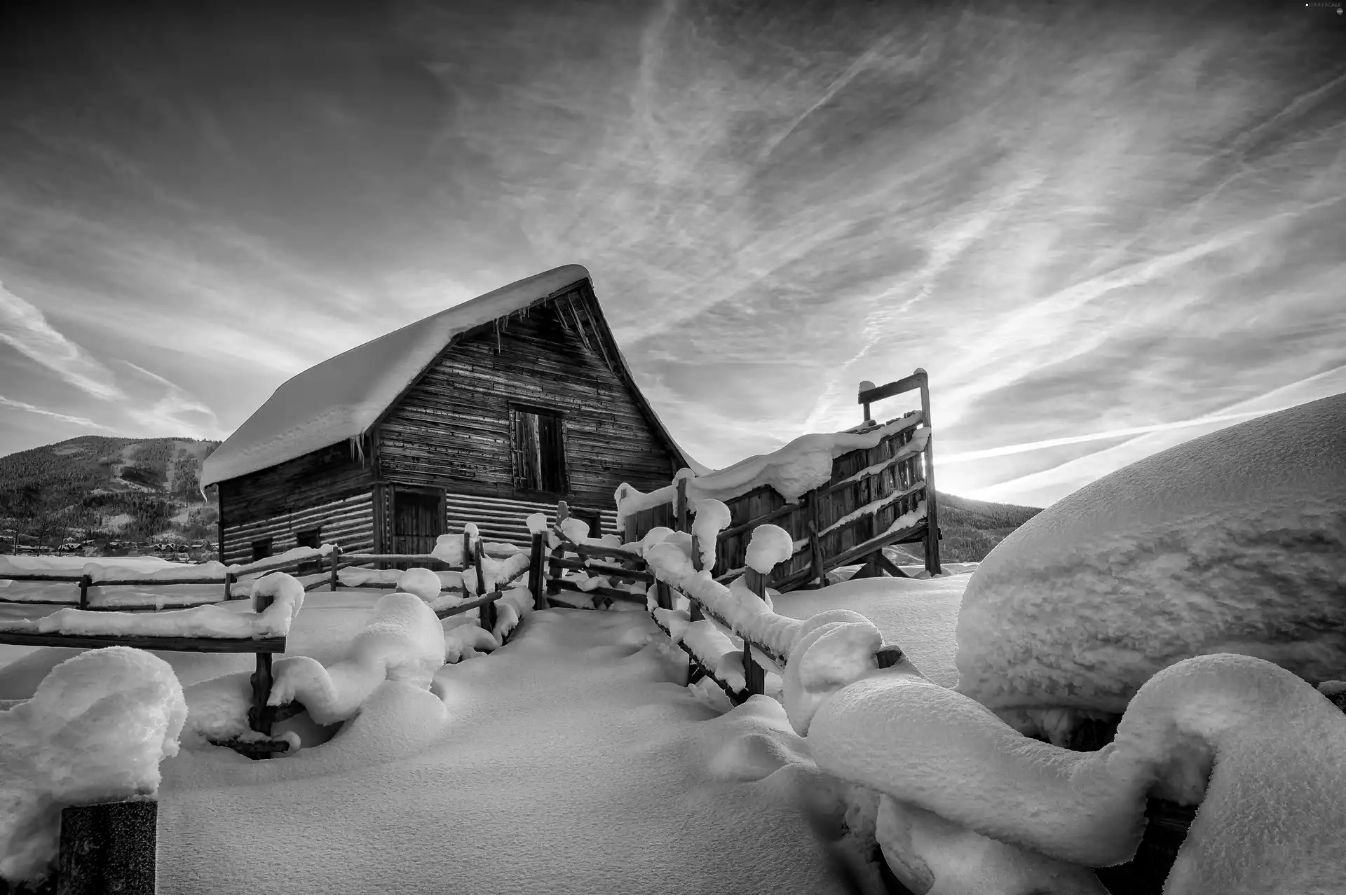 winter, wooden, house, Great Sunsets