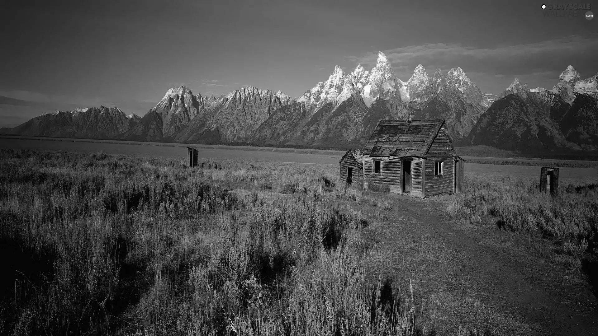 Mountains, Old car, house, rushes