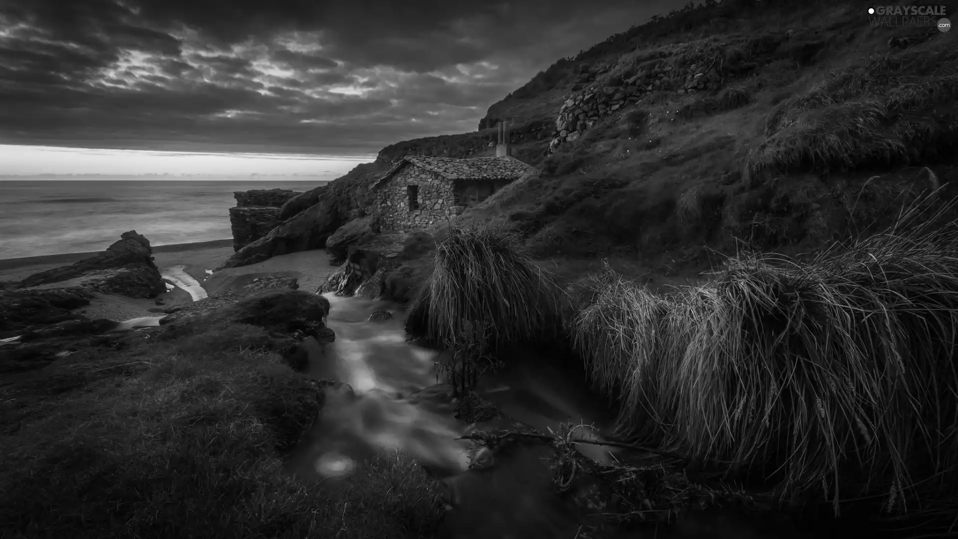 Great Sunsets, Spain, sea, house, Stones, Hill, brook, Asturias, Coast, grass, rocks