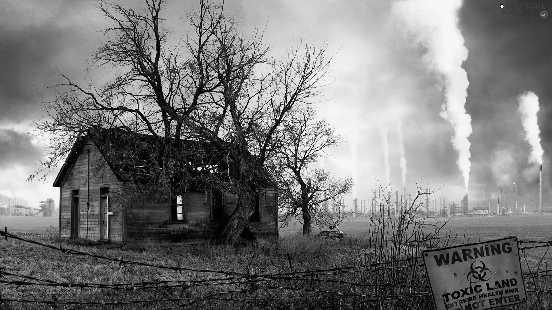 house, trees, Chimneys, viewes, smoke, damaged, Old car, wires