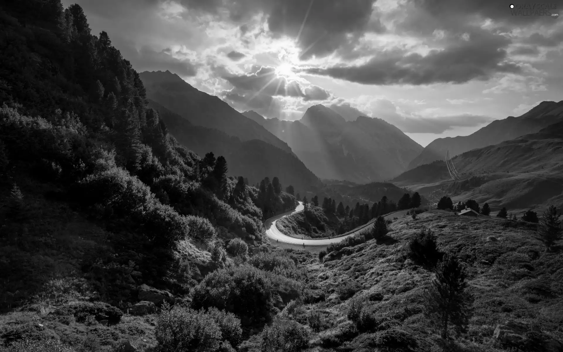 clouds, Way, slopes, Mountains, Stones, woods, viewes, Sky, house, trees, rays of the Sun