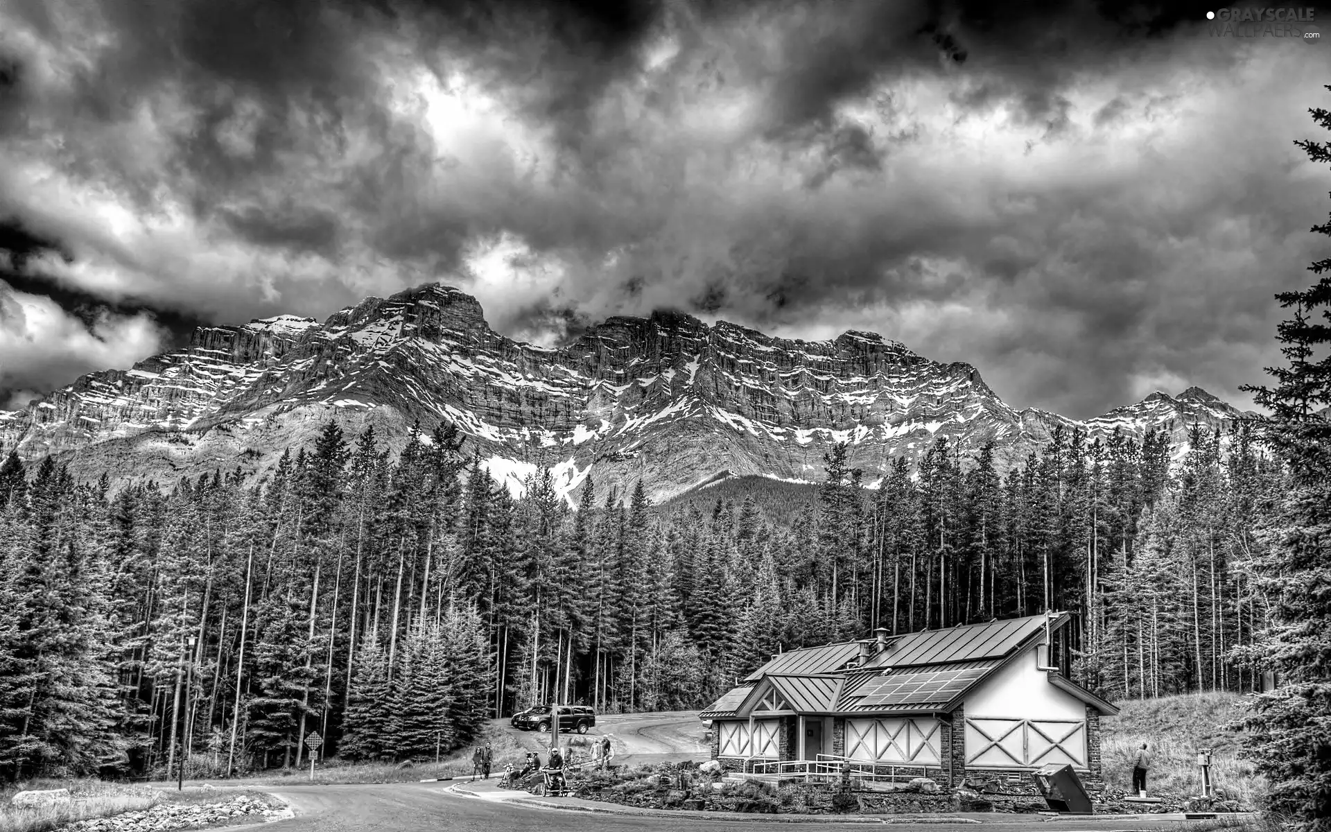 Mountains, Mount Rundle, clouds, forest, house, Banff National Park, Canada, Way